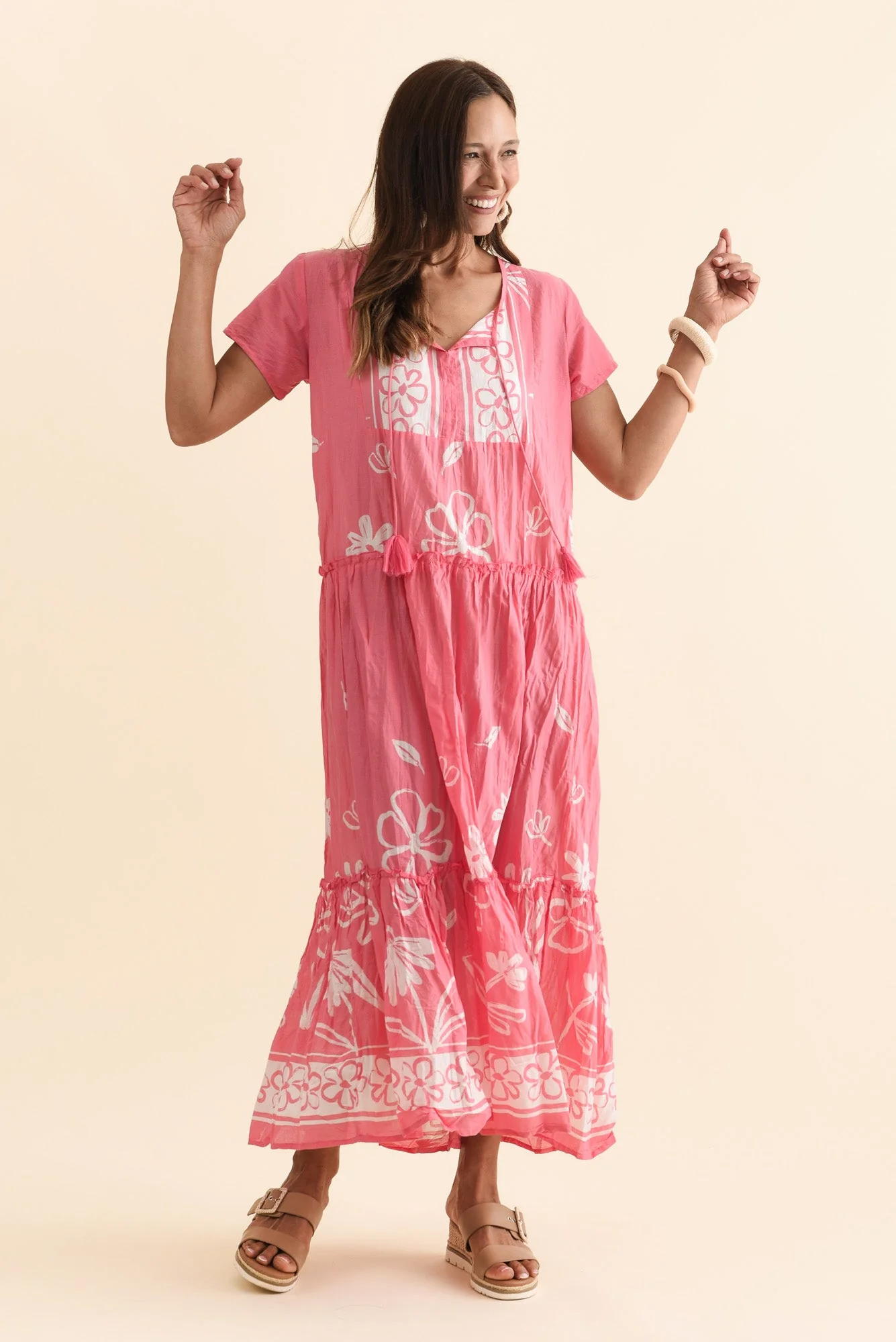 Nona Pink Flower Crinkle Cotton Maxi Dress - Image 6