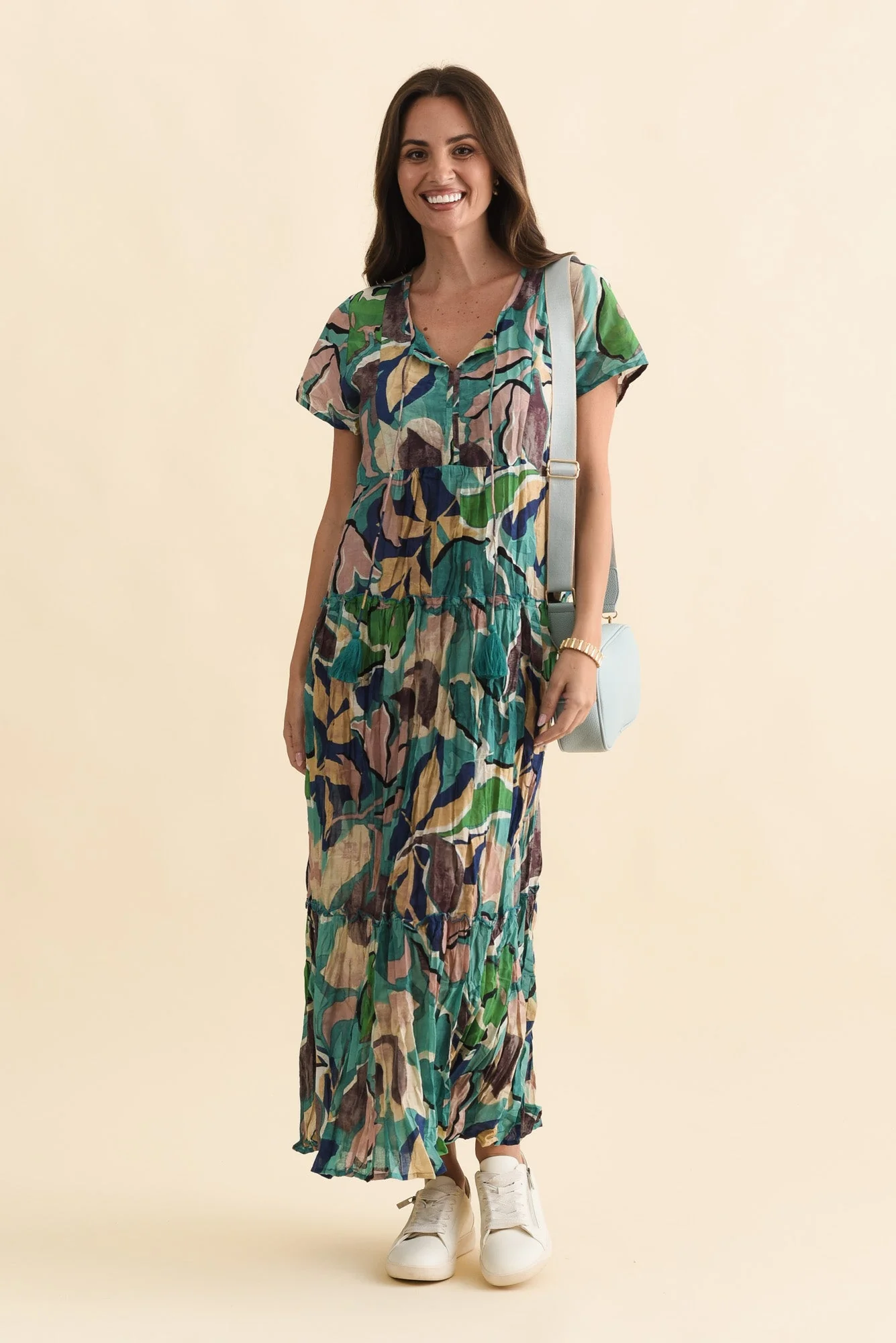 Nona Teal Foliage Crinkle Cotton Maxi Dress - Image 2