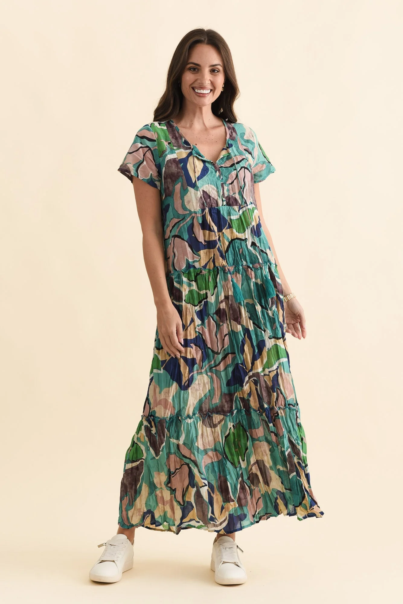 Nona Teal Foliage Crinkle Cotton Maxi Dress - Image 3