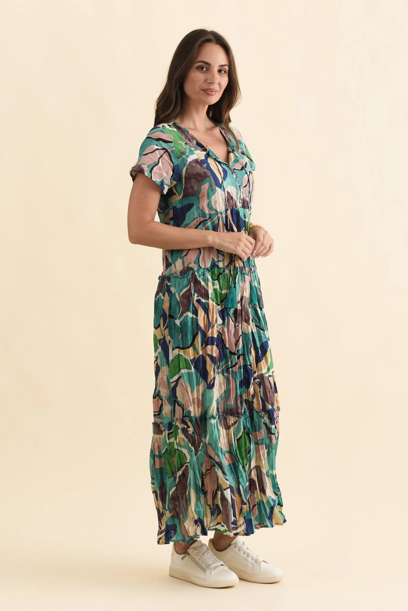 Nona Teal Foliage Crinkle Cotton Maxi Dress - Image 4