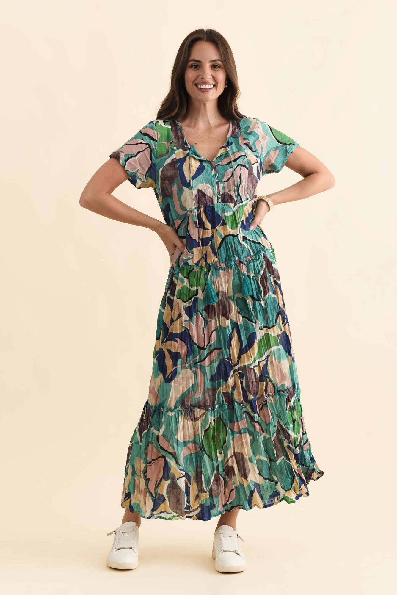 Nona Teal Foliage Crinkle Cotton Maxi Dress - Image 7