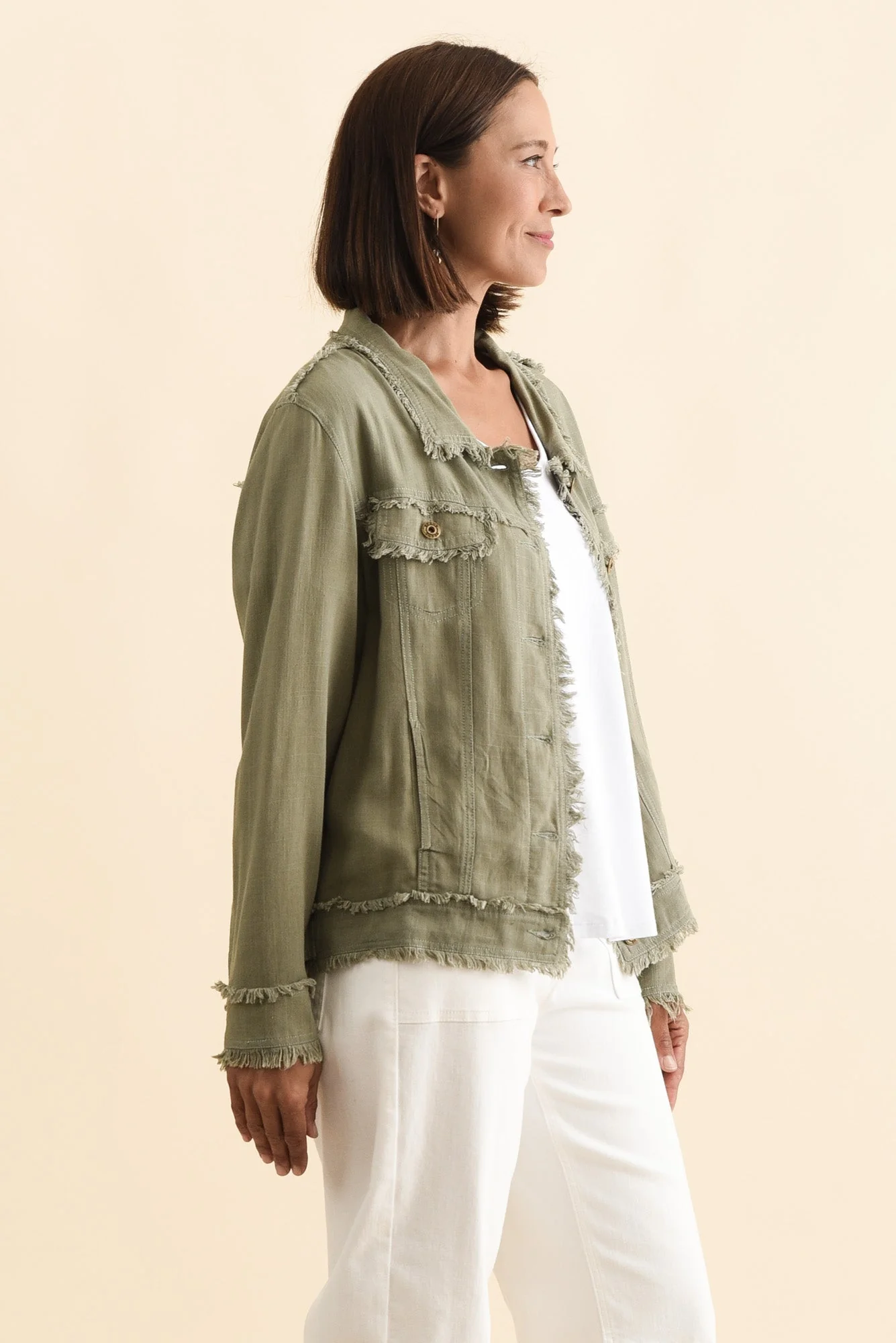 Oakley Khaki Linen Frayed Jacket - Image 3