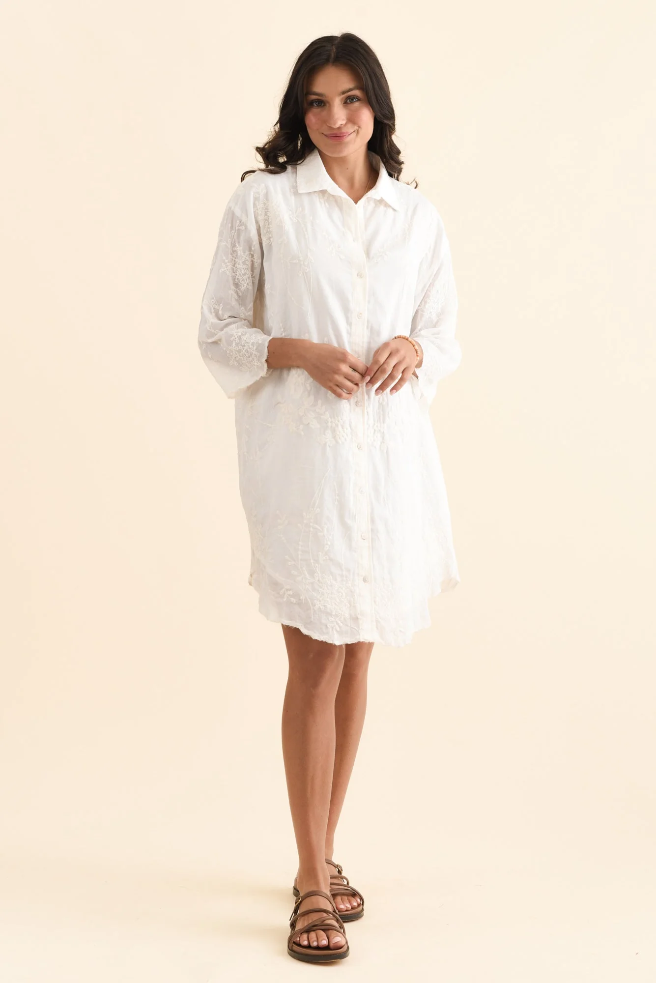 Offredo White Cotton Embroidered Shirt Dress - Image 6