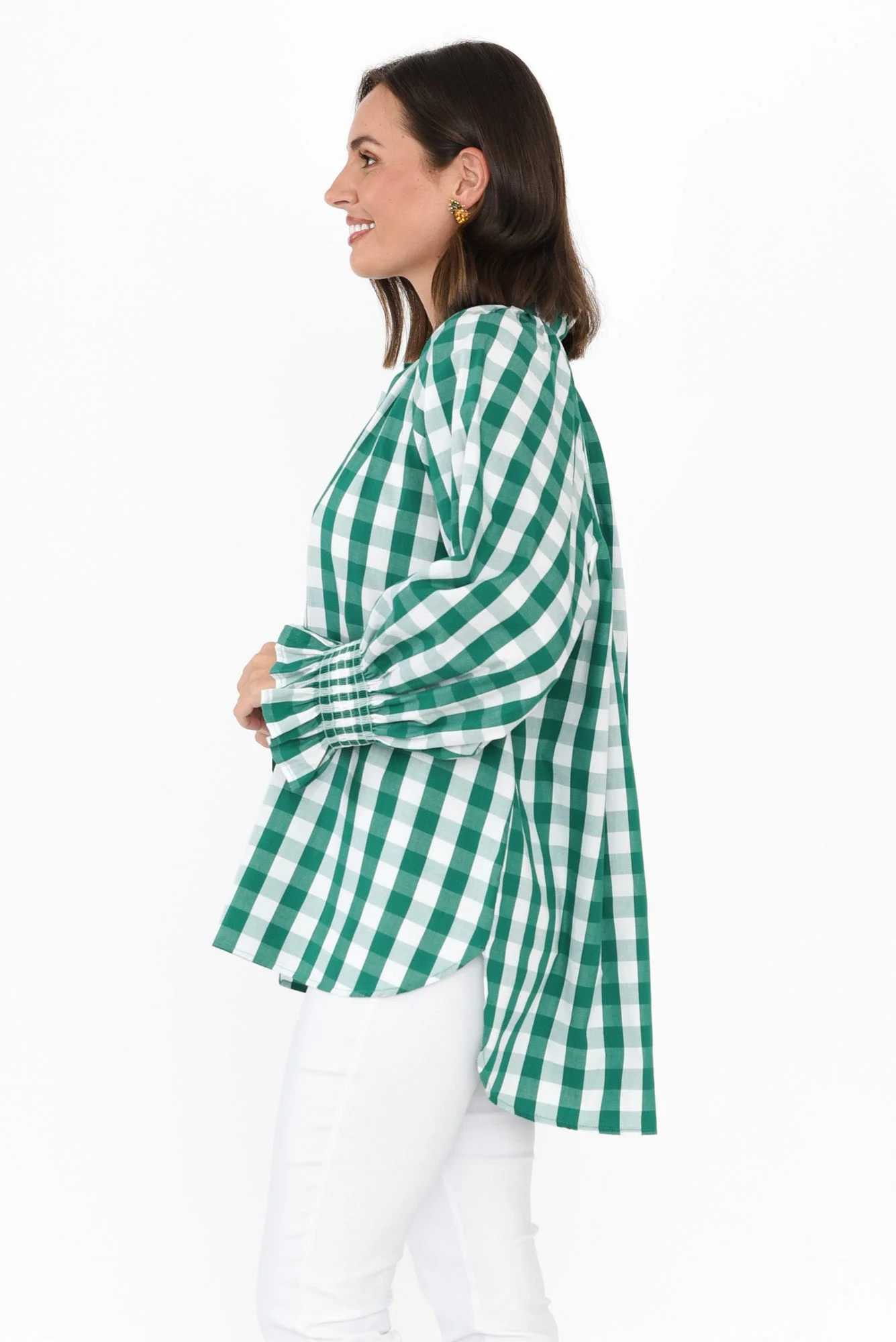 Olena Green Check Cotton Puff Sleeve Blouse - Image 3
