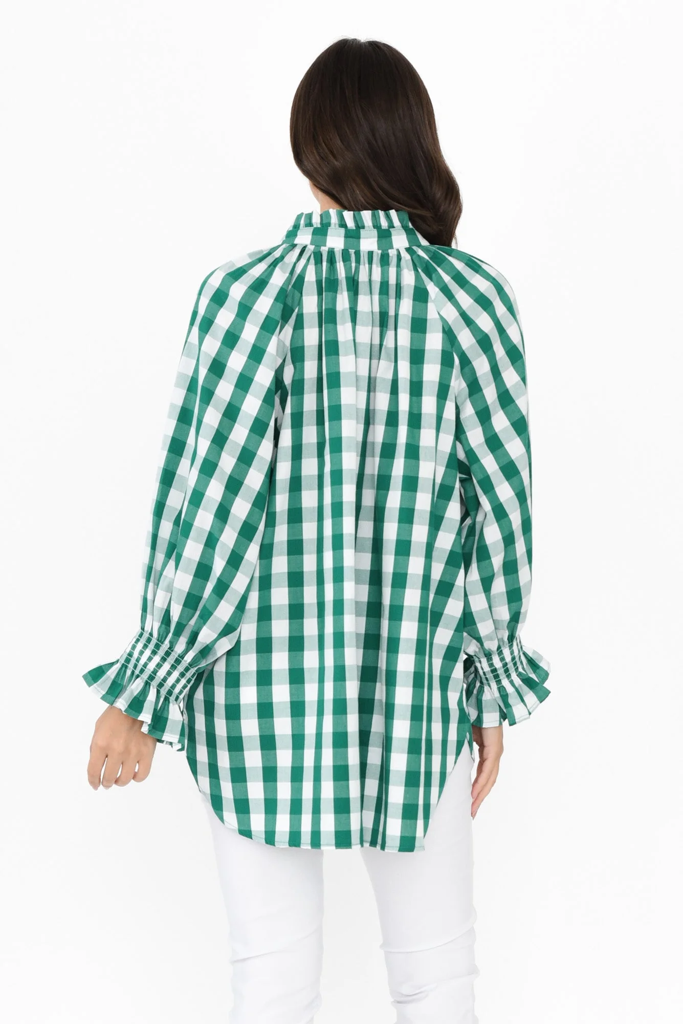 Olena Green Check Cotton Puff Sleeve Blouse - Image 4