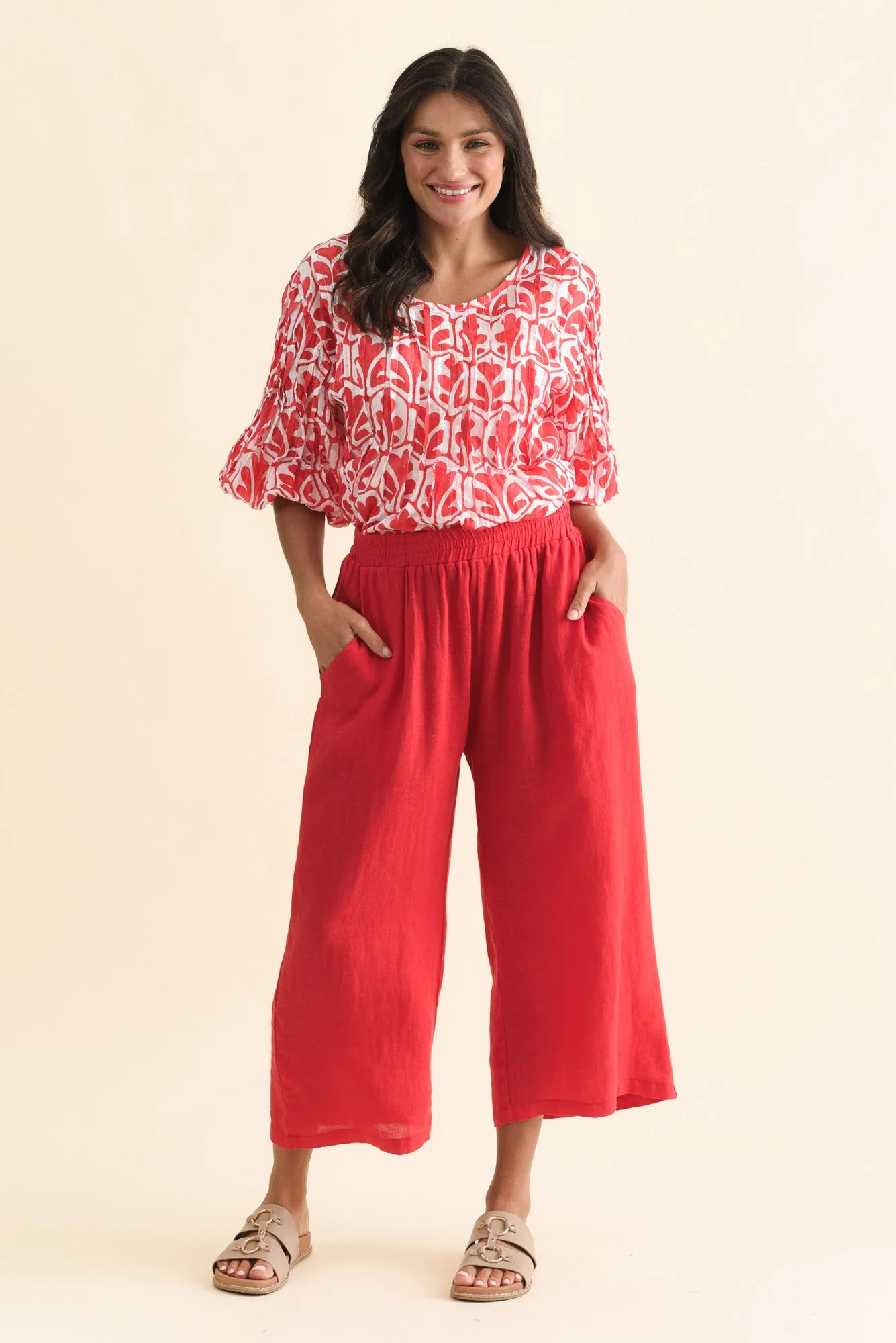 Olga Red Linen Wide Leg Pants - Image 2