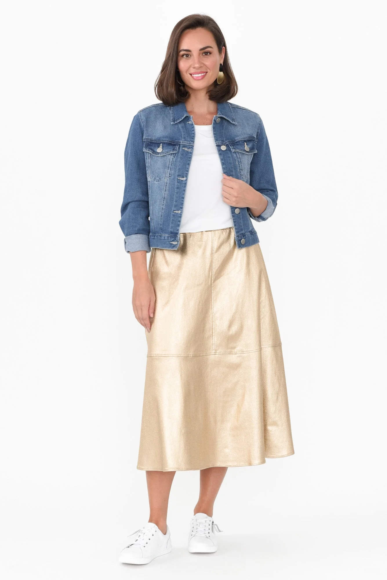 Oriel Gold Faux Leather Midi Skirt - Image 7