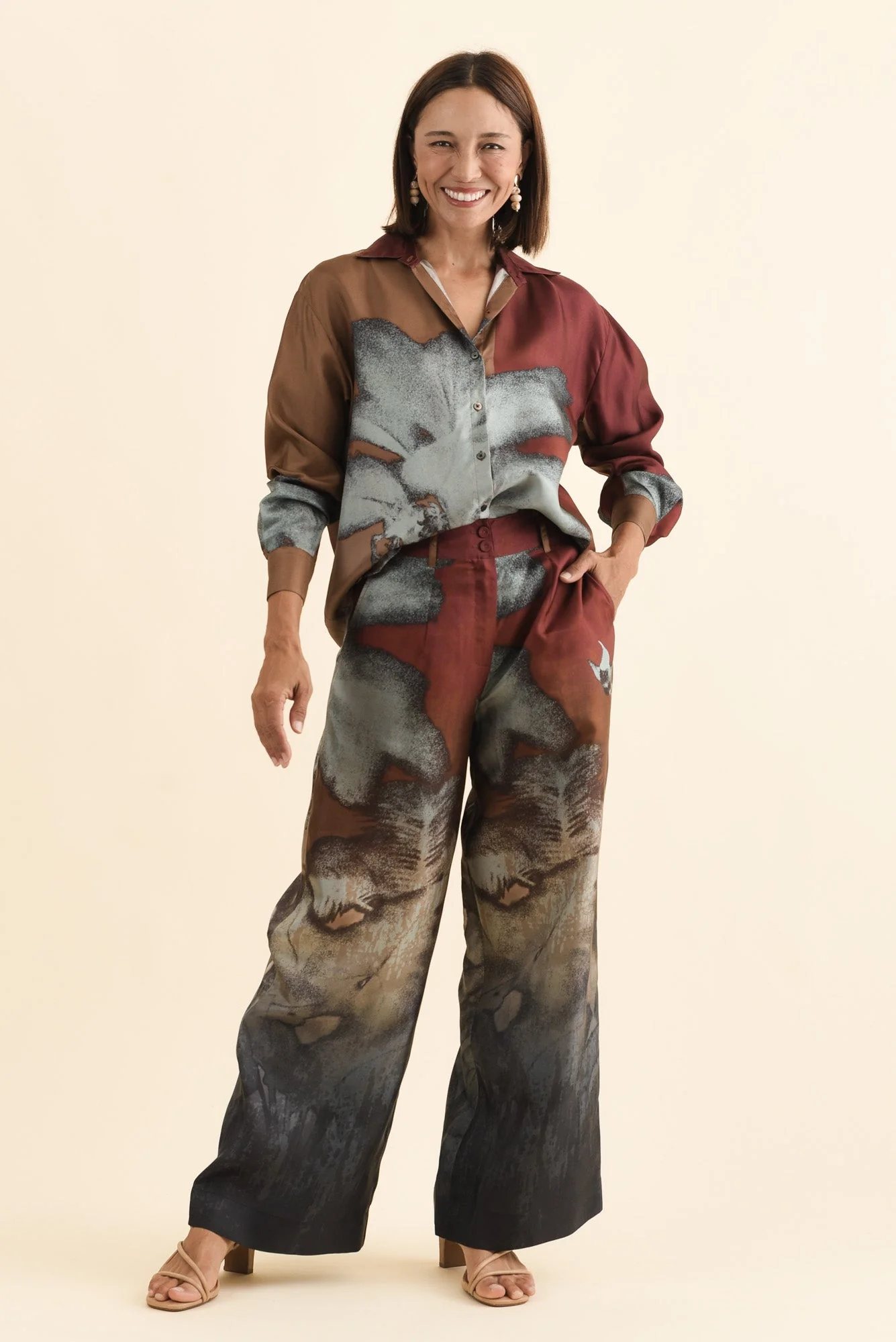 Palisades Mocha Floral Silk Wide Leg Pants - Image 2