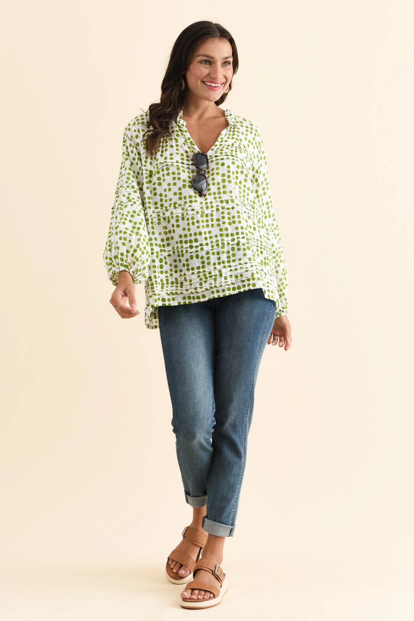 Palmer Green Spot Cotton Long Sleeve Top - Image 2