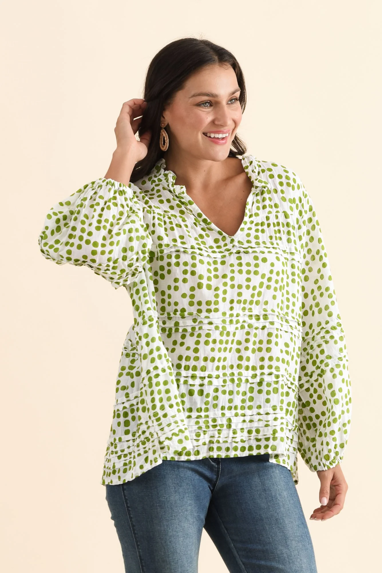 Palmer Green Spot Cotton Long Sleeve Top - Image 3