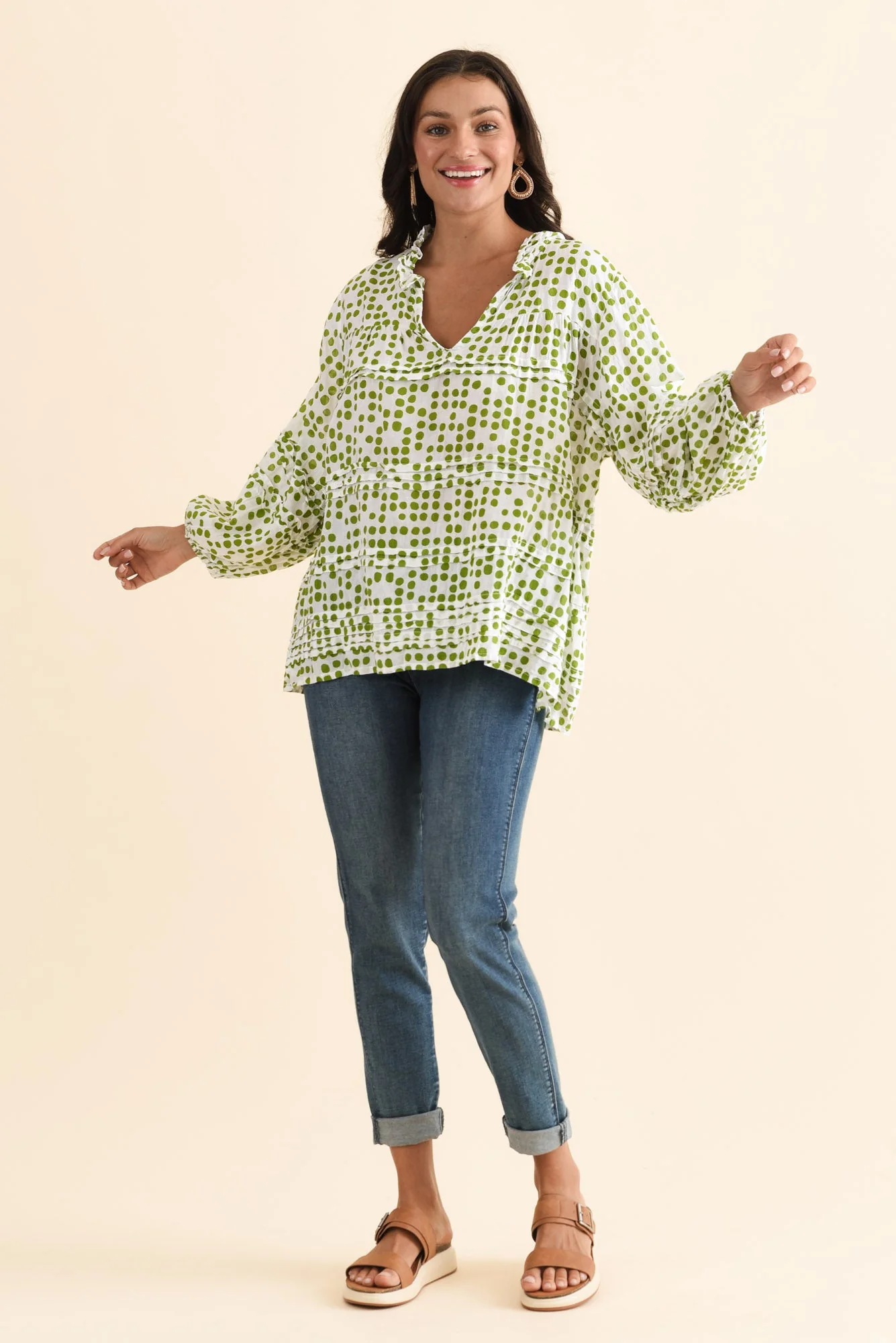 Palmer Green Spot Cotton Long Sleeve Top - Image 6
