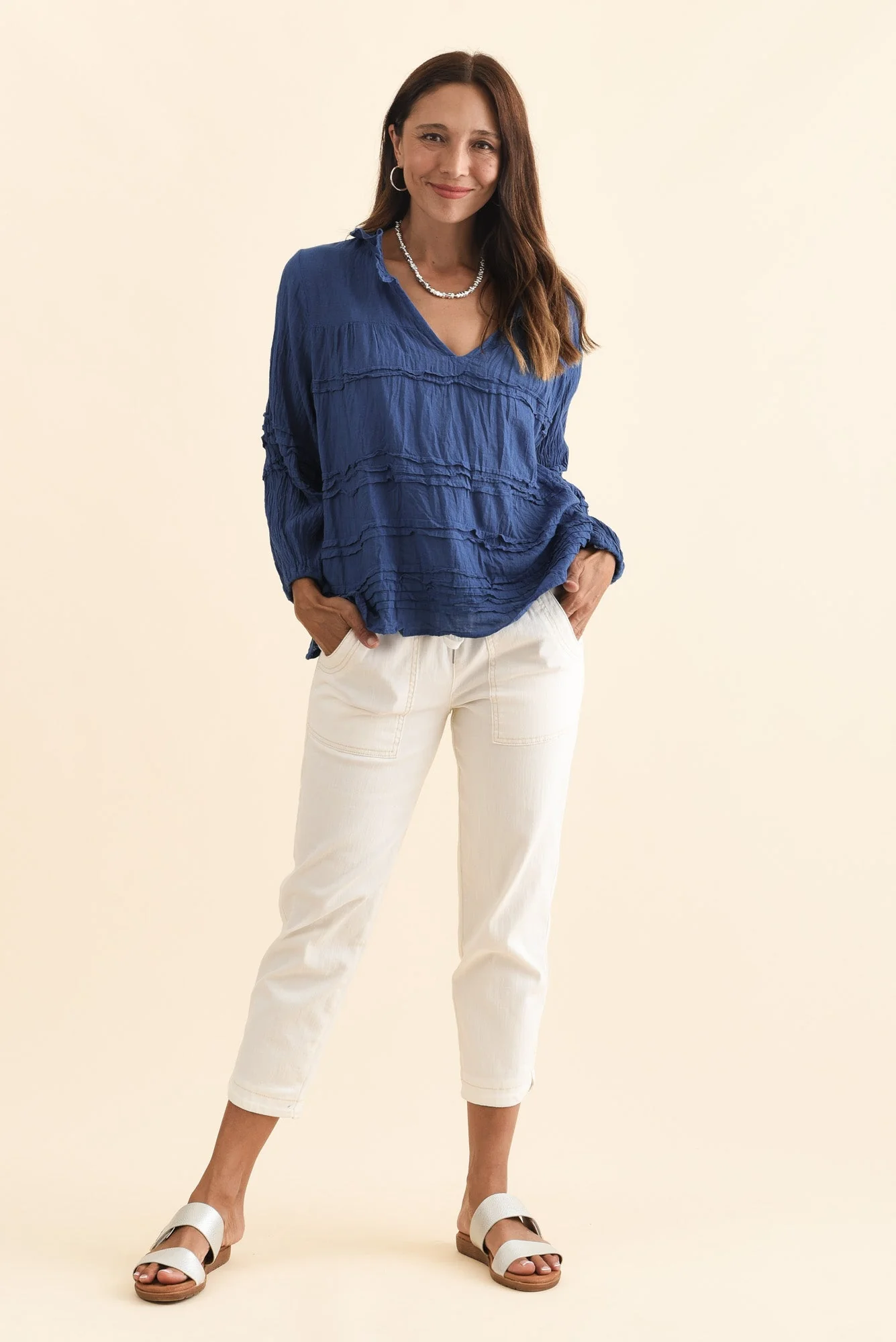 Palmer Navy Cotton Long Sleeve Top - Image 2