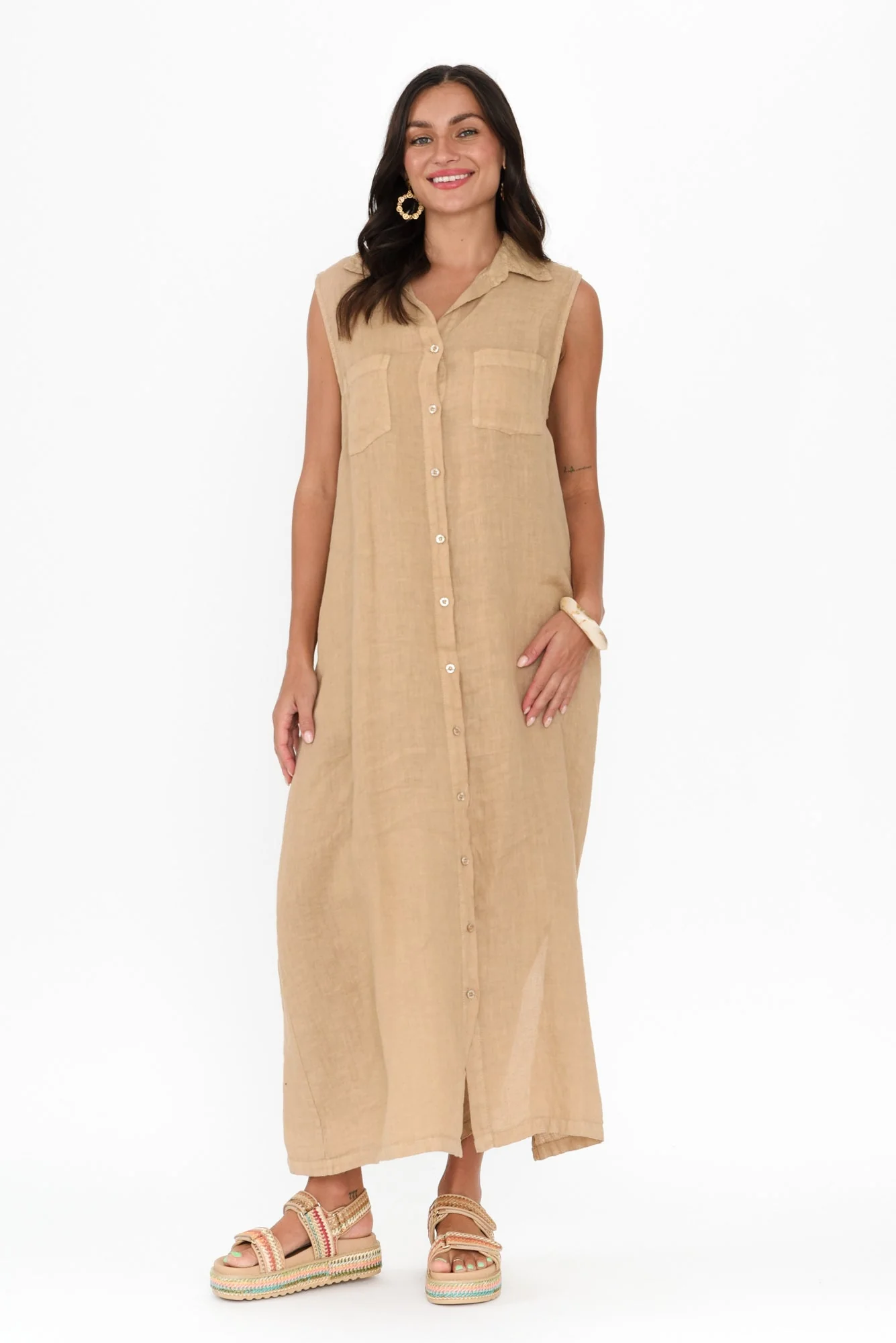 Perla Mocha Linen Button Dress - Image 2
