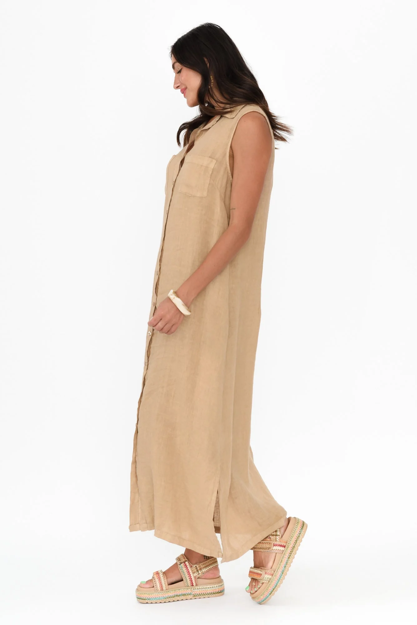 Perla Mocha Linen Button Dress - Image 3