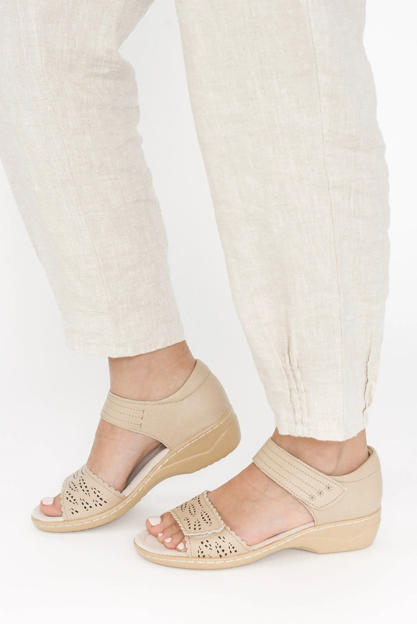 Petal Beige Leather Velcro Sandal - Image 5