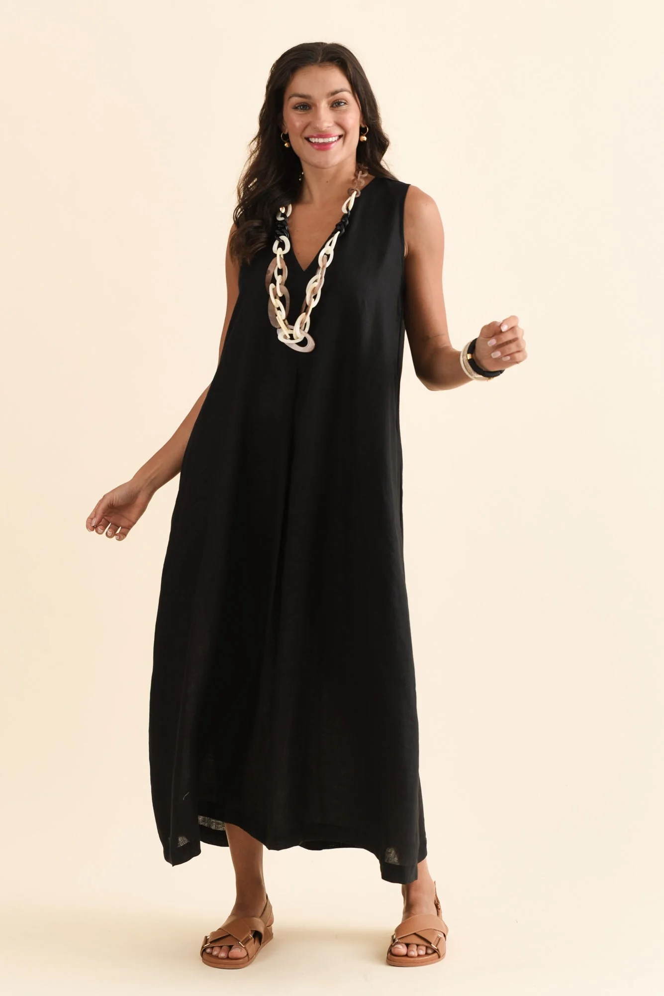 Phoebe Black Linen Midi Dress - Image 2