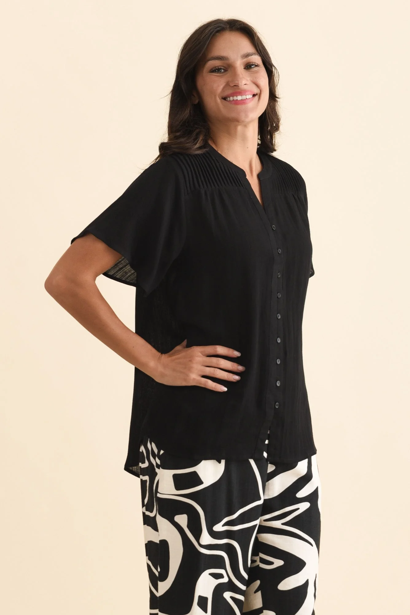 Ponny Black Linen Blend Button Top - Image 3