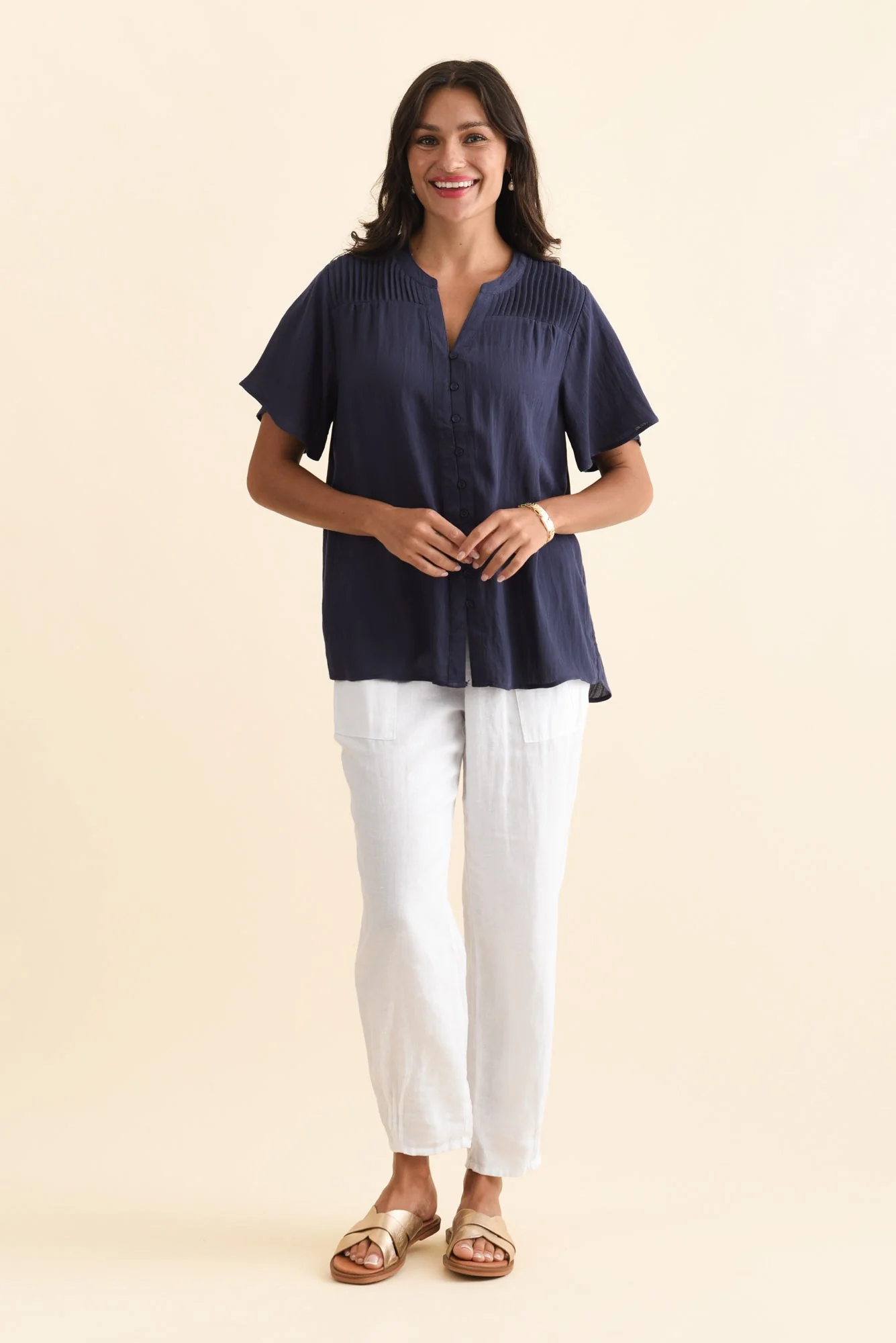 Ponny Navy Linen Blend Button Top - Image 2