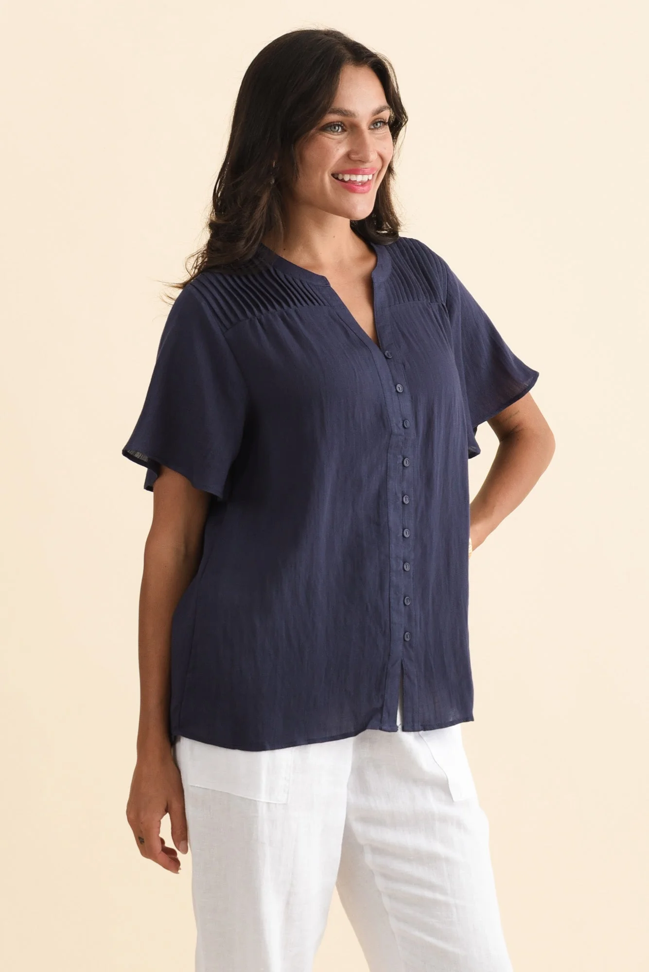 Ponny Navy Linen Blend Button Top - Image 3