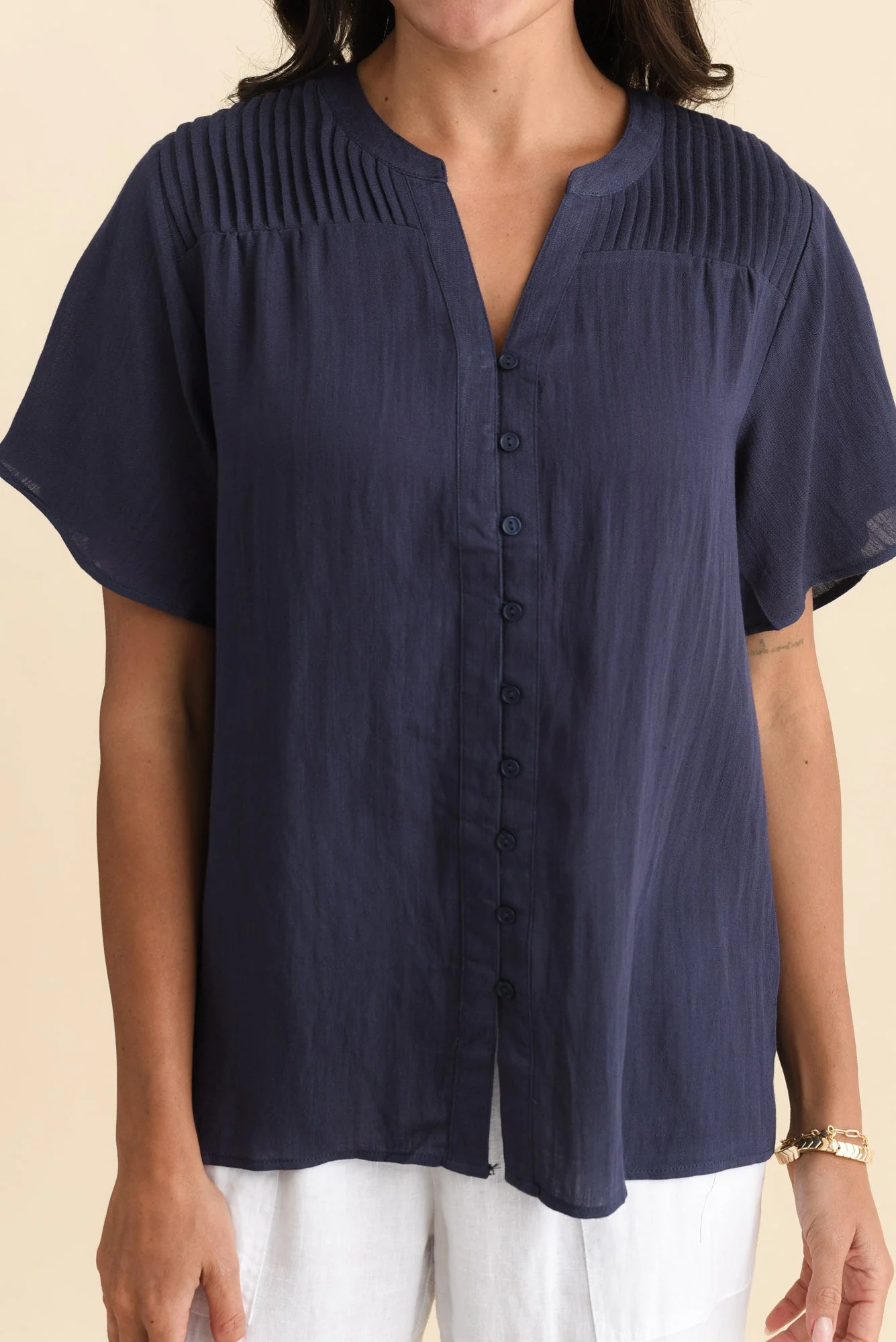 Ponny Navy Linen Blend Button Top - Image 5