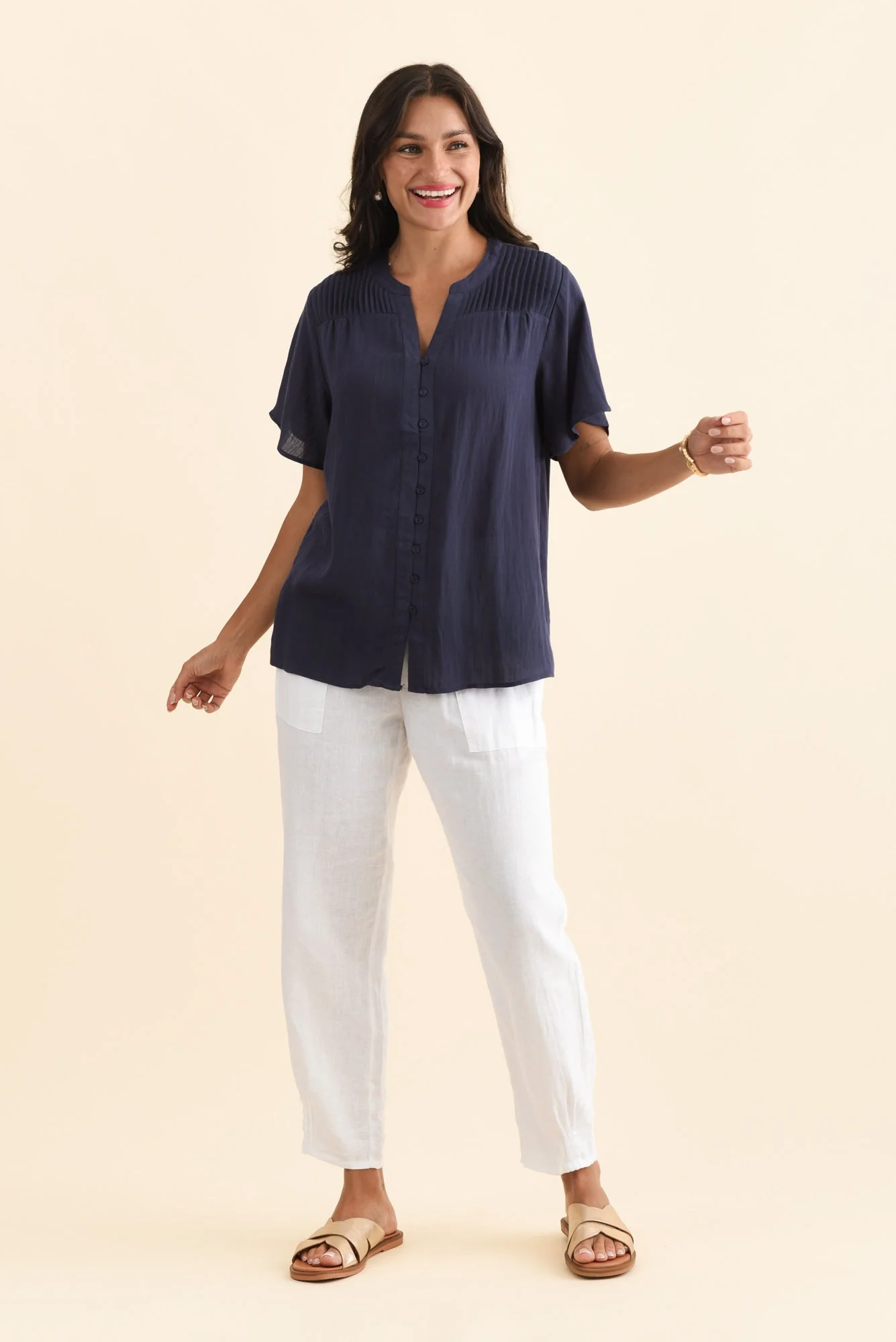 Ponny Navy Linen Blend Button Top - Image 6