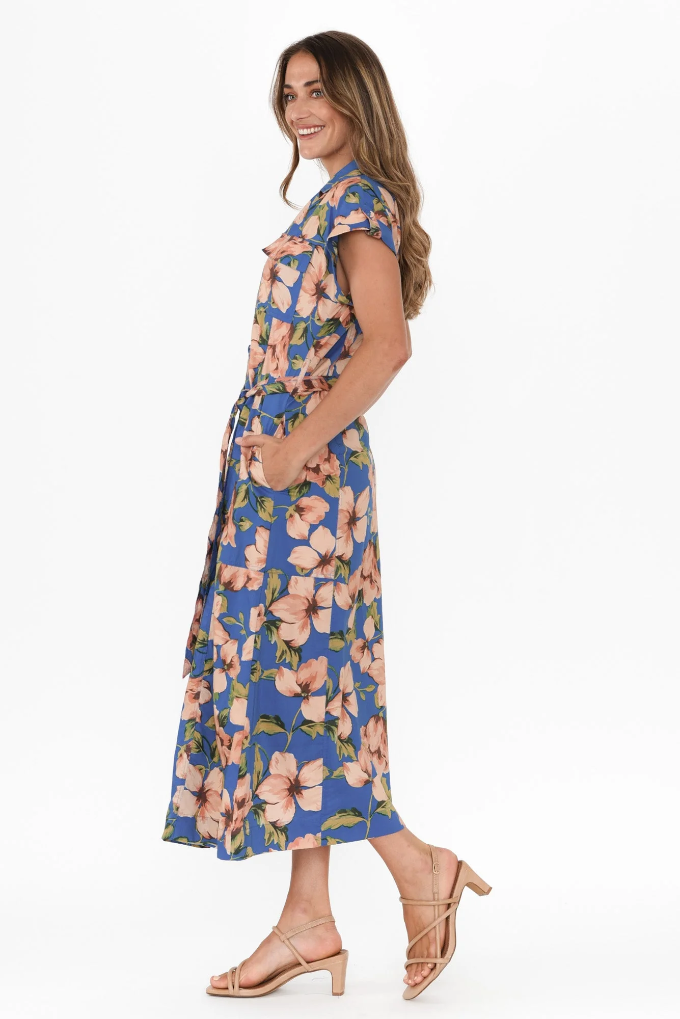 Porto Blue Floral Cotton Tie Dress - Image 4