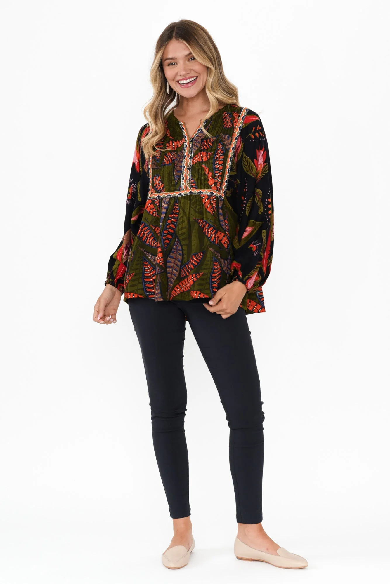 Potenza Green Leaf Puff Sleeve Blouse - Image 6