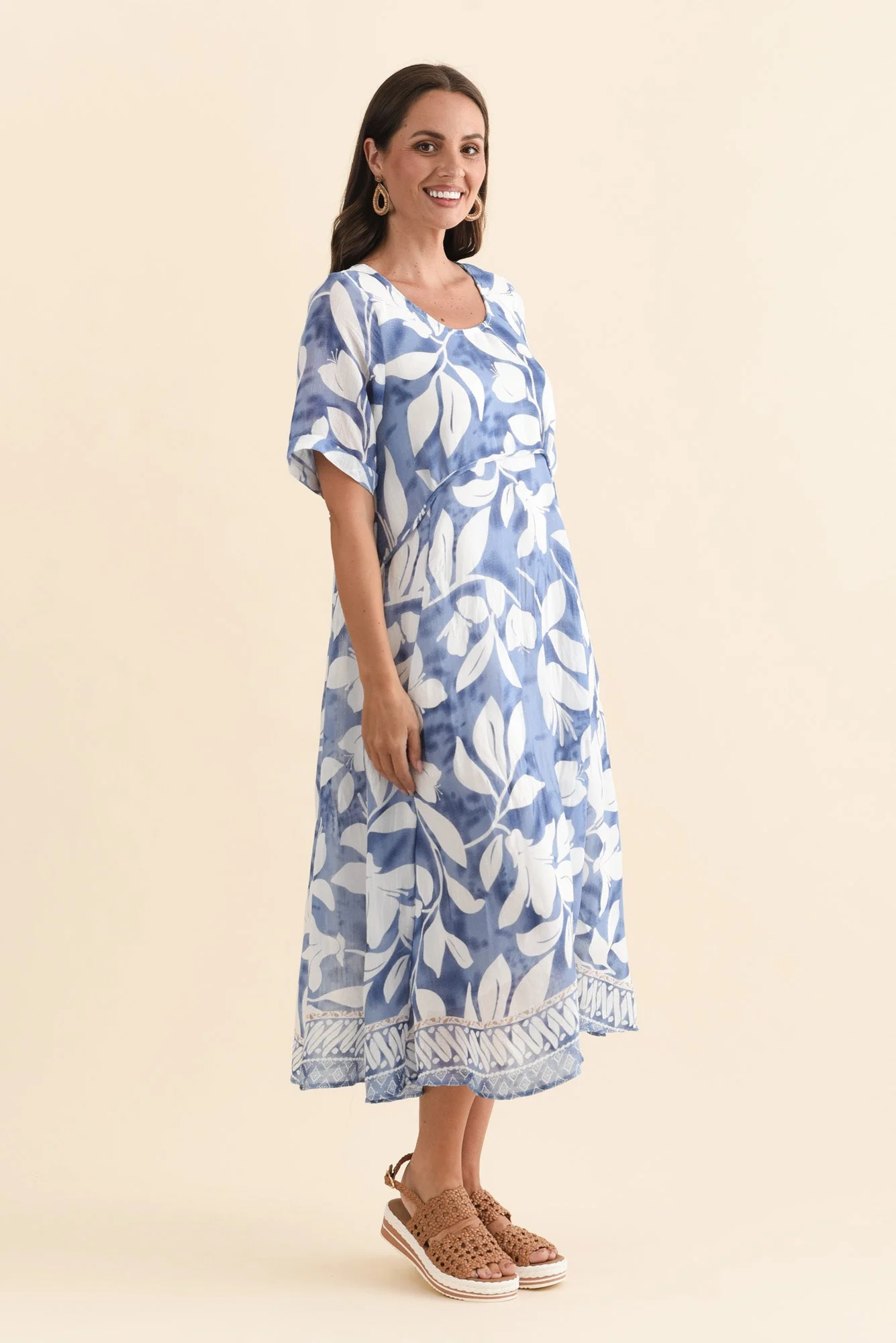 Ramona Blue Leaf Cotton Blend Dress - Image 3