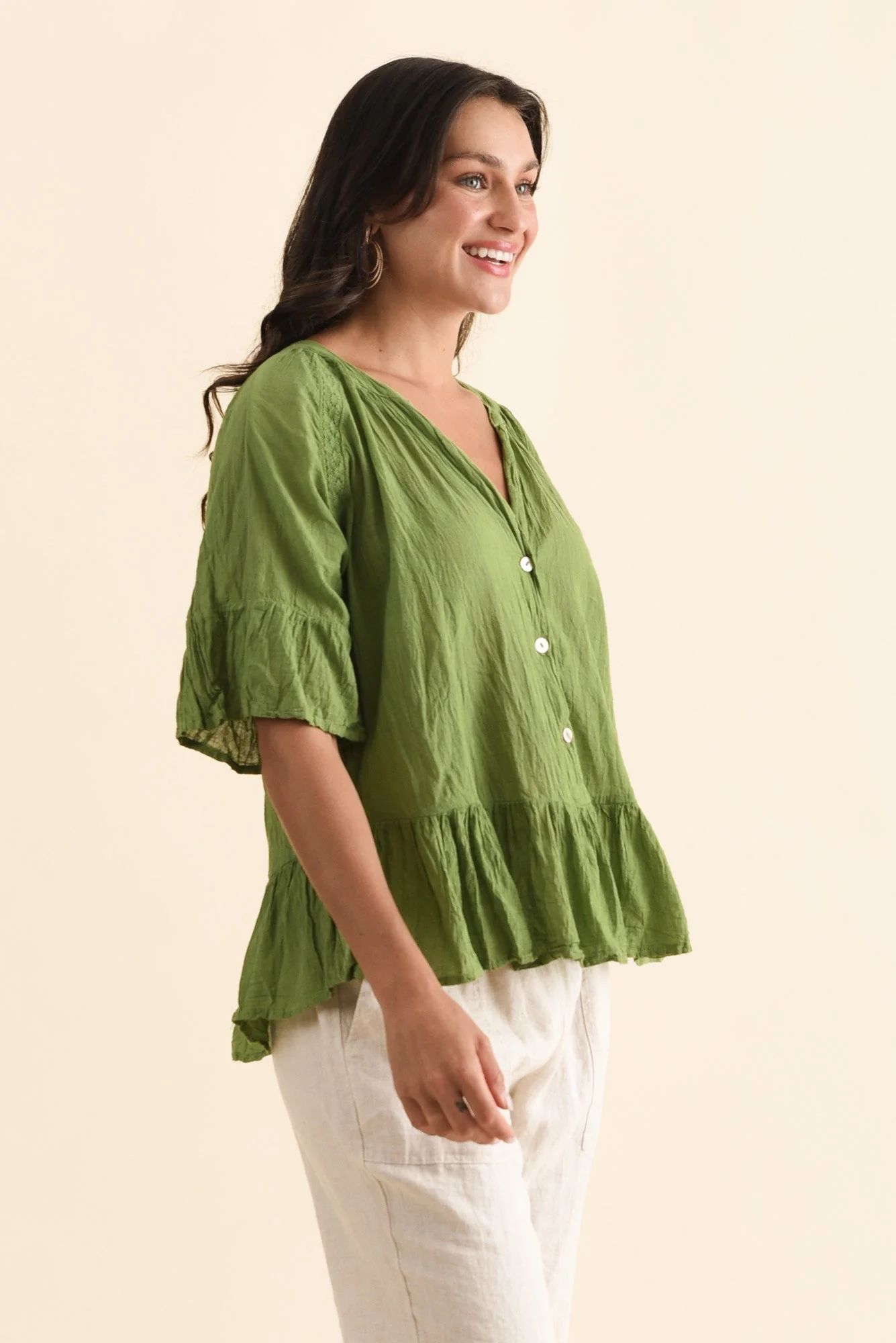 Ramona Green Cotton Ruffle Top - Image 3