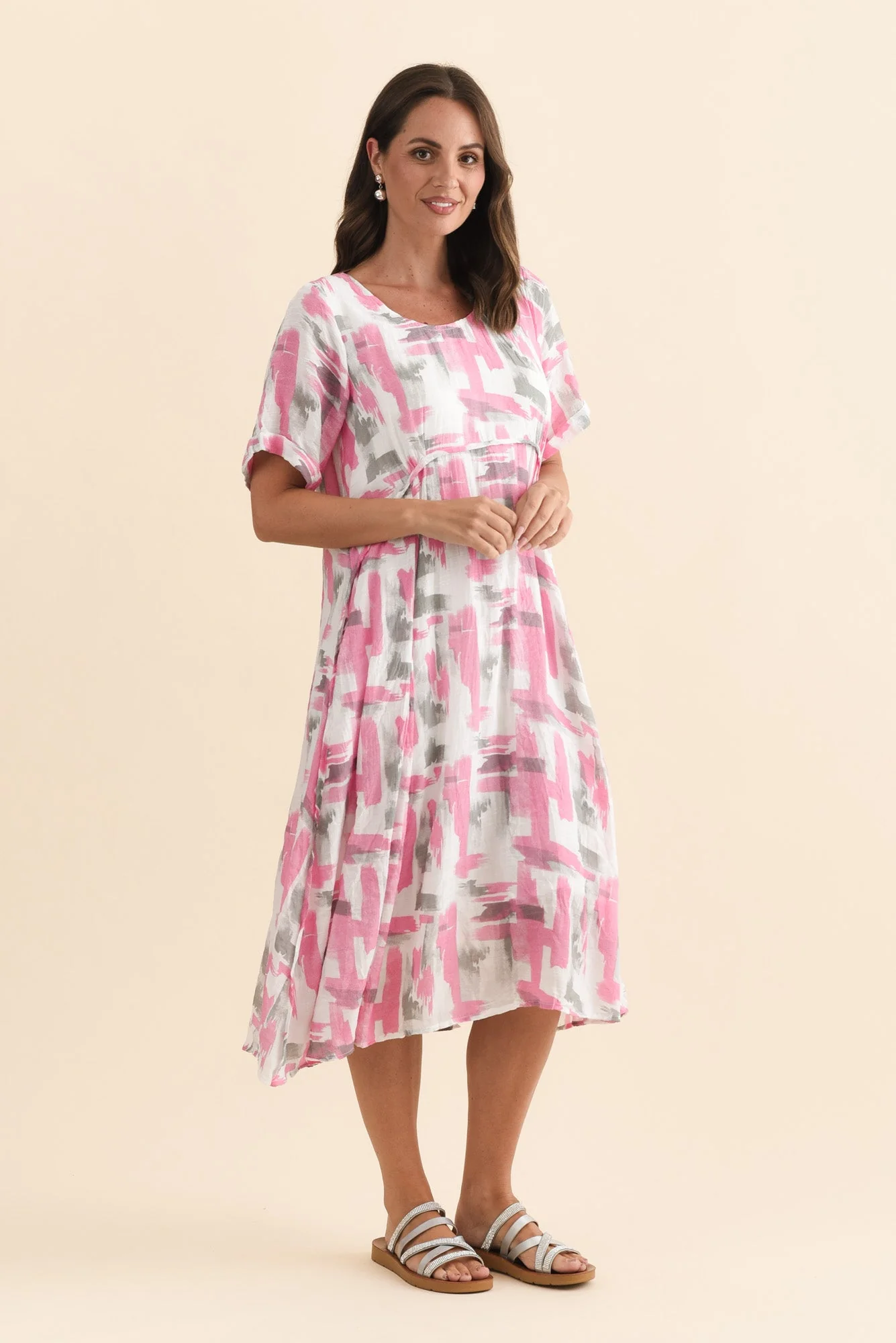 Ramona Pink Brush Stroke Cotton Blend Dress - Image 3