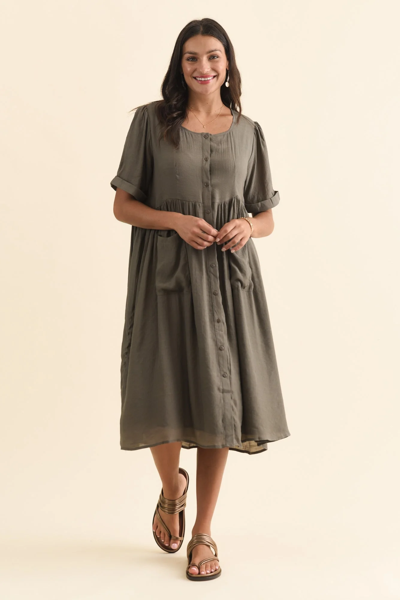 Rayna Khaki Button Dress - Image 2