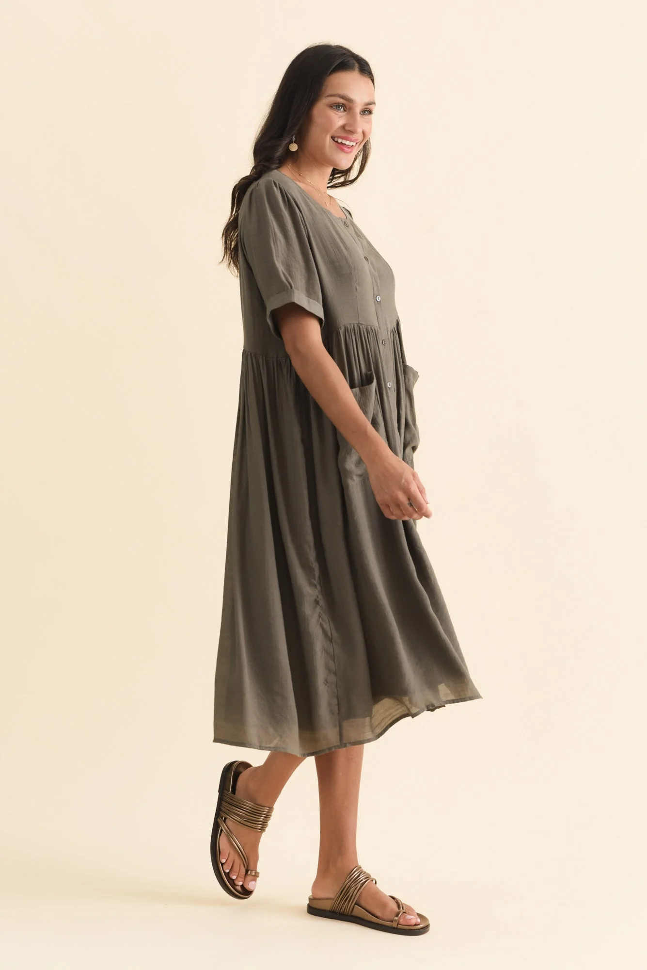 Rayna Khaki Button Dress - Image 3
