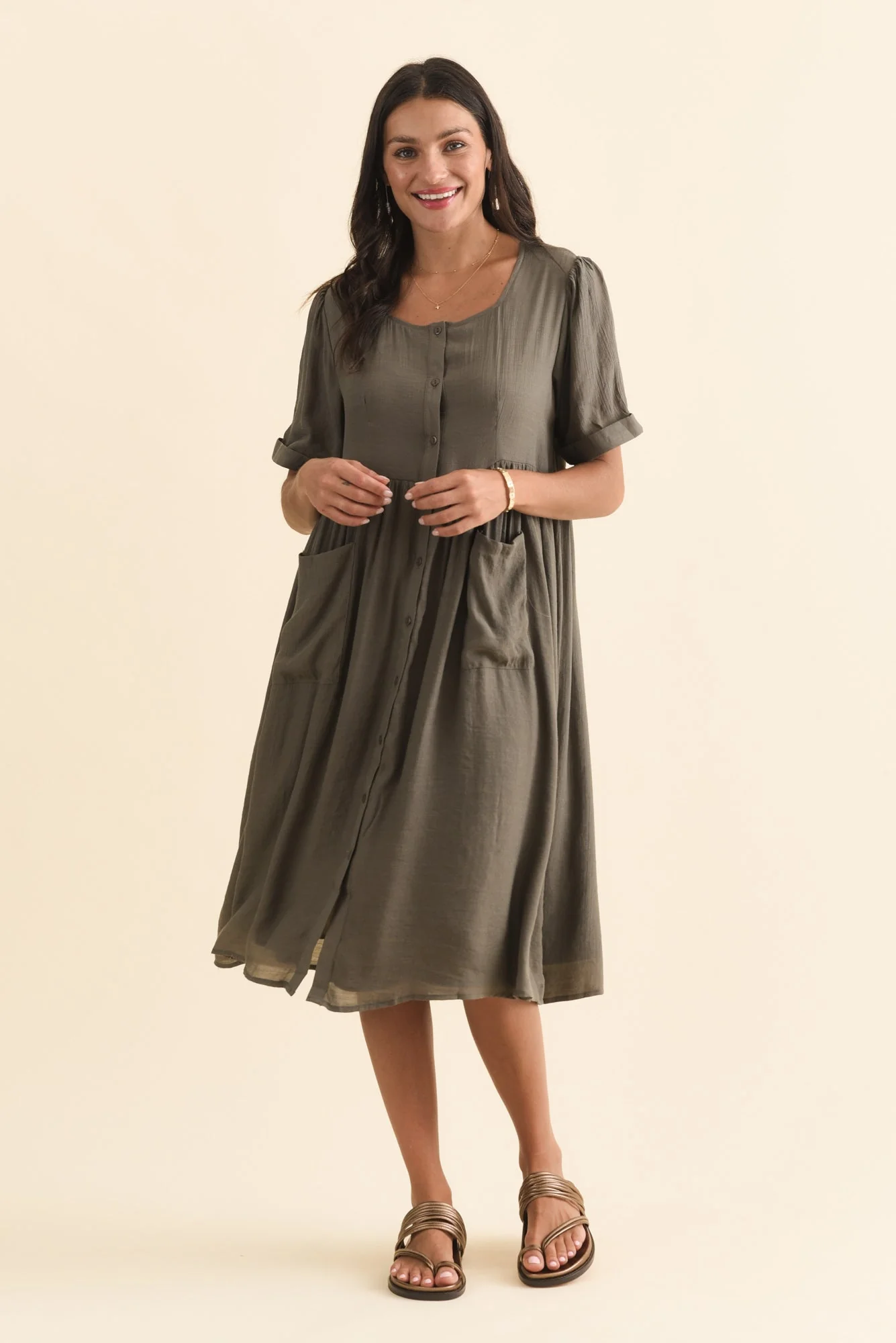 Rayna Khaki Button Dress - Image 6
