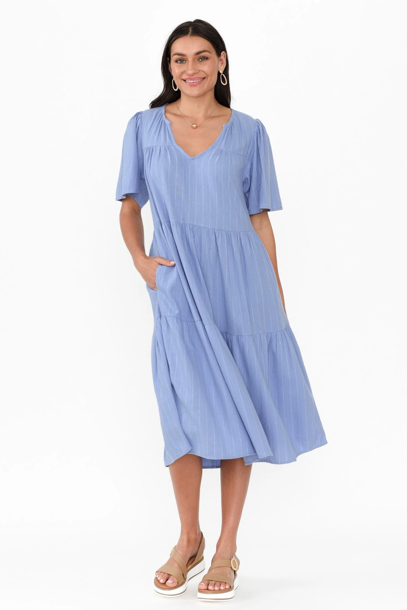 Regina Blue Linen Blend Tier Dress - Image 2