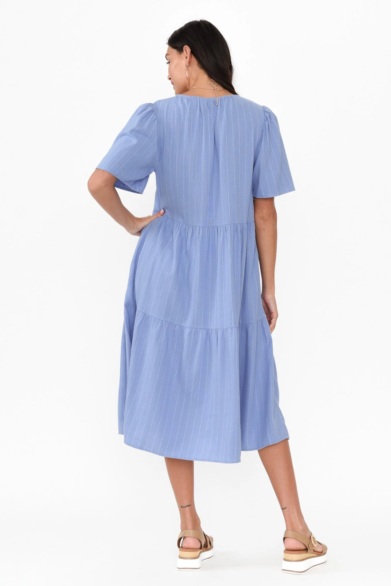 Regina Blue Linen Blend Tier Dress - Image 4
