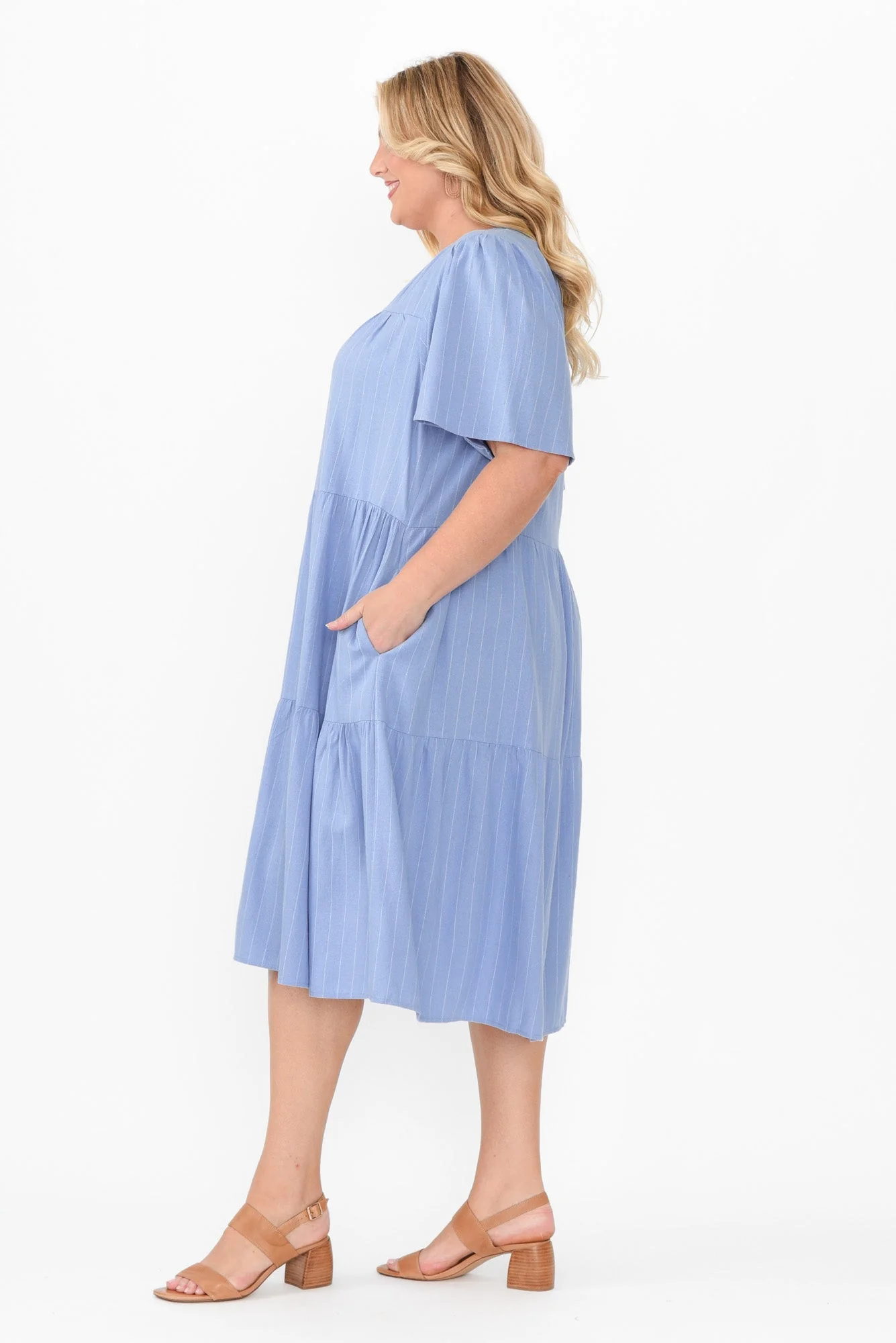 Regina Blue Linen Blend Tier Dress - Image 9