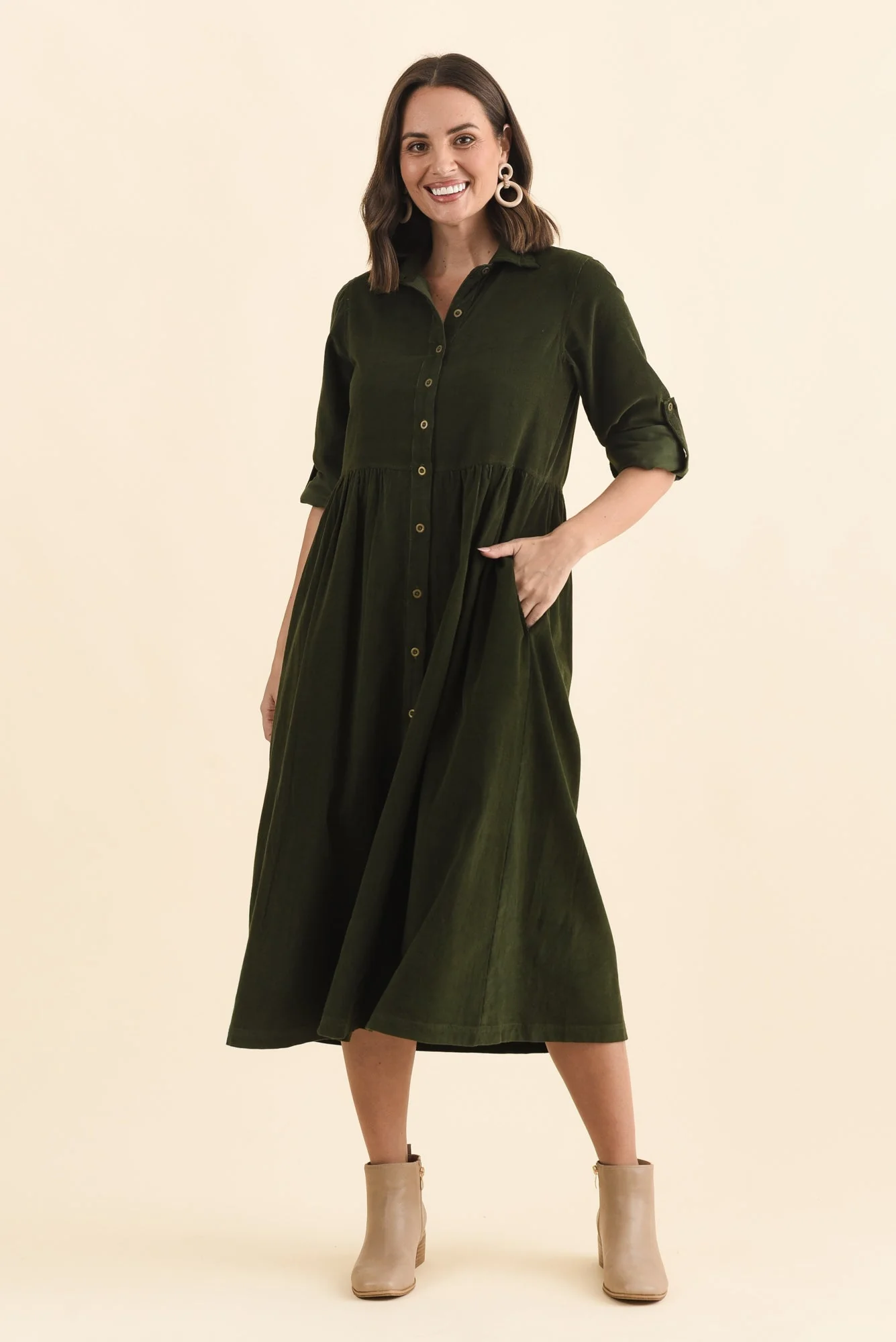 Rellie Forest Green Cotton Corduroy Dress - Image 2
