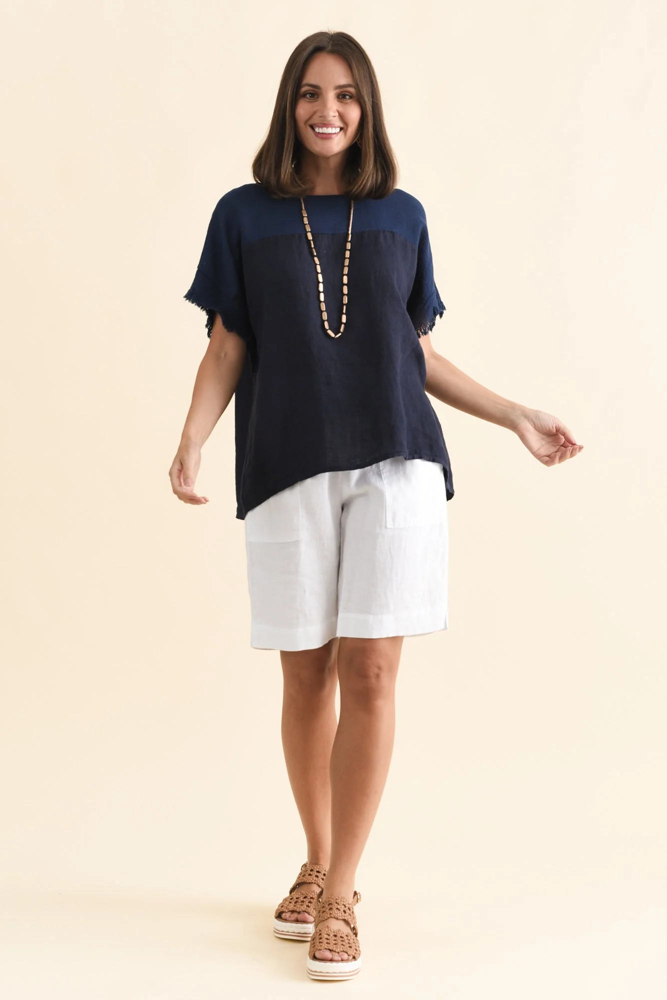 Remo Navy Linen Frayed Top - Image 2