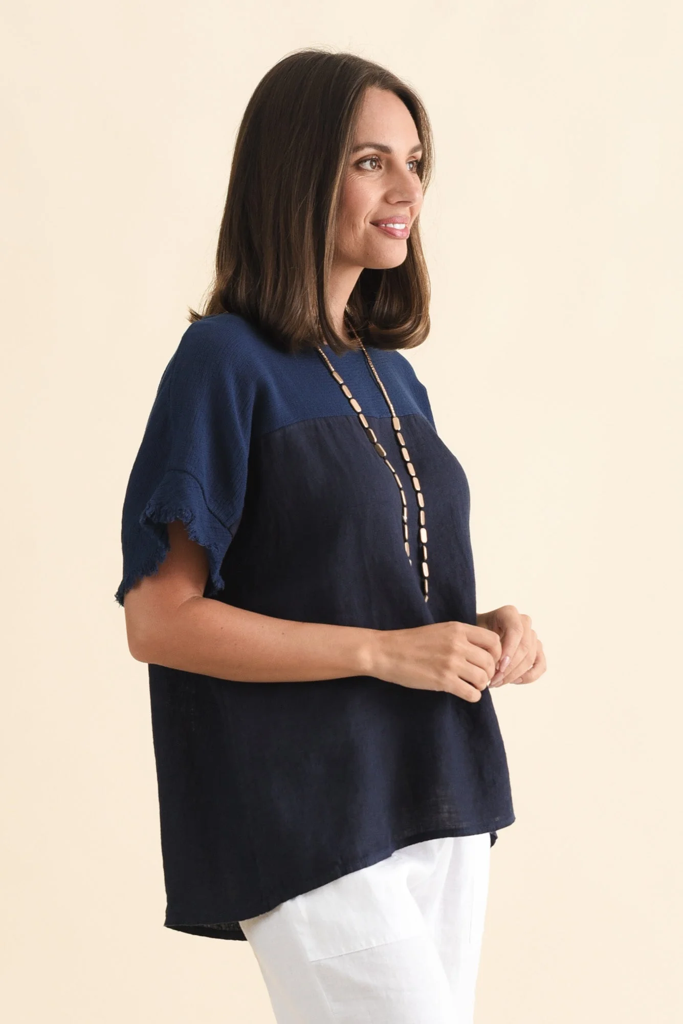 Remo Navy Linen Frayed Top - Image 3