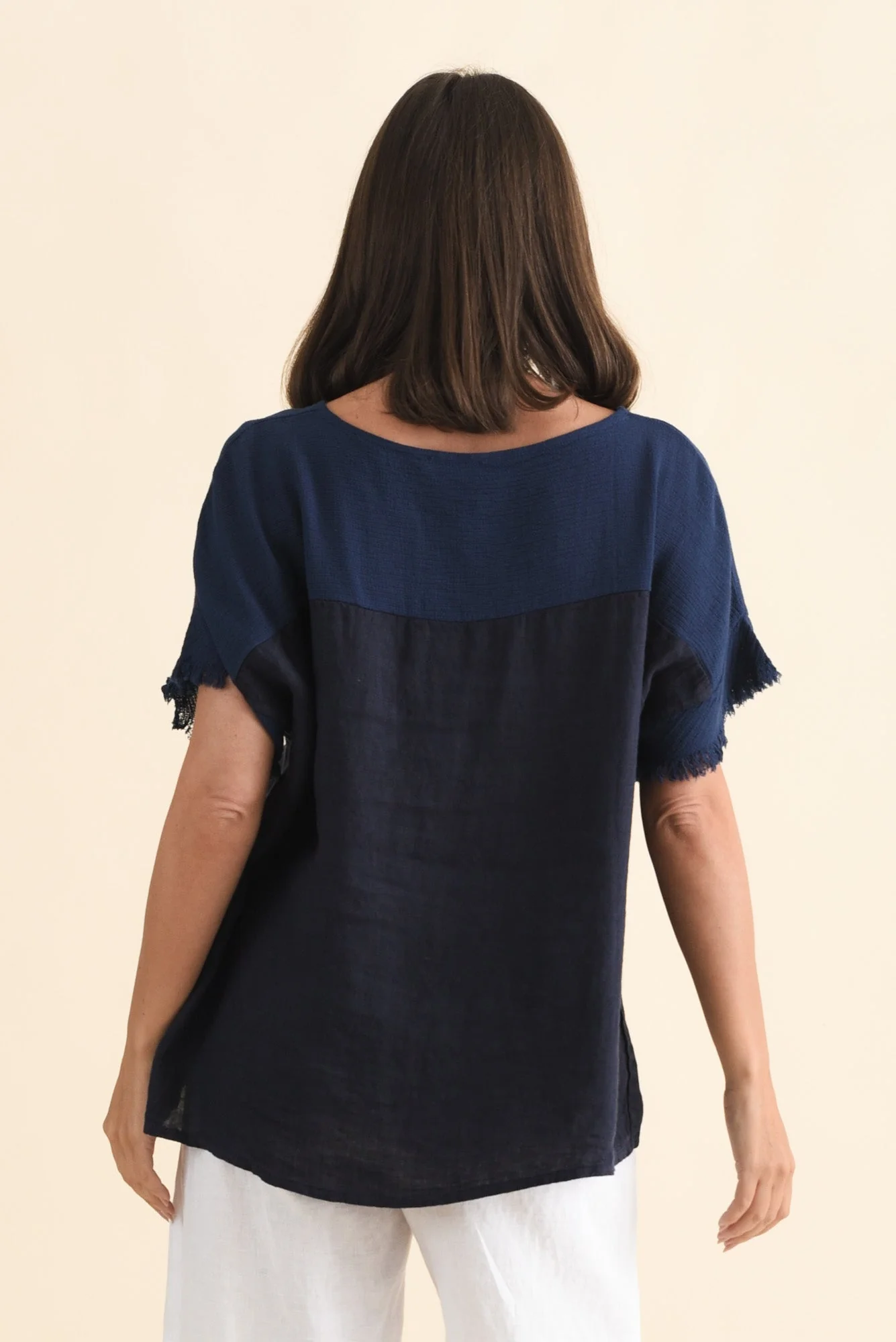 Remo Navy Linen Frayed Top - Image 4