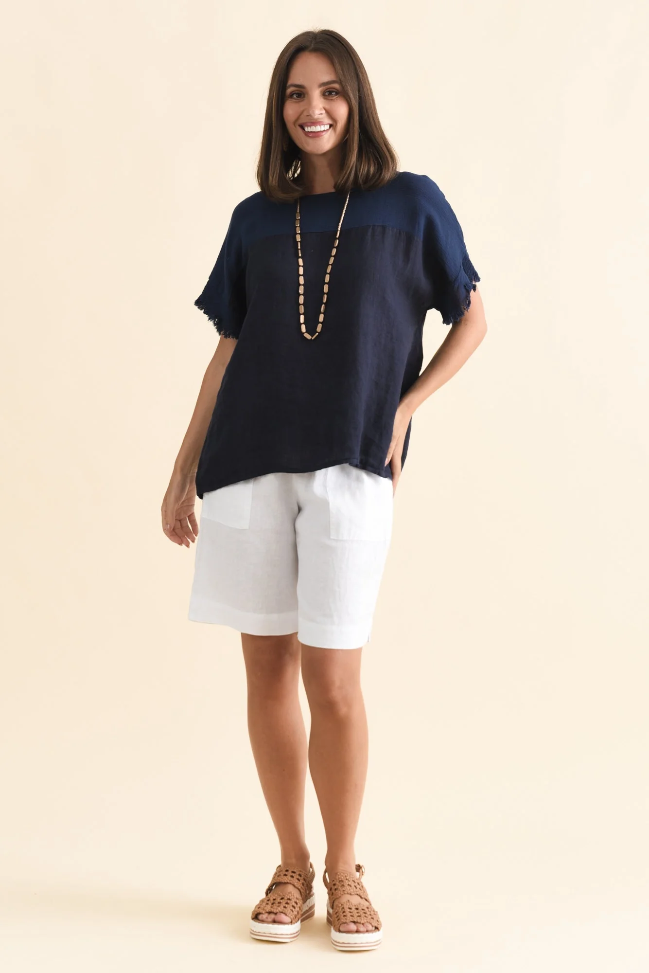Remo Navy Linen Frayed Top - Image 6