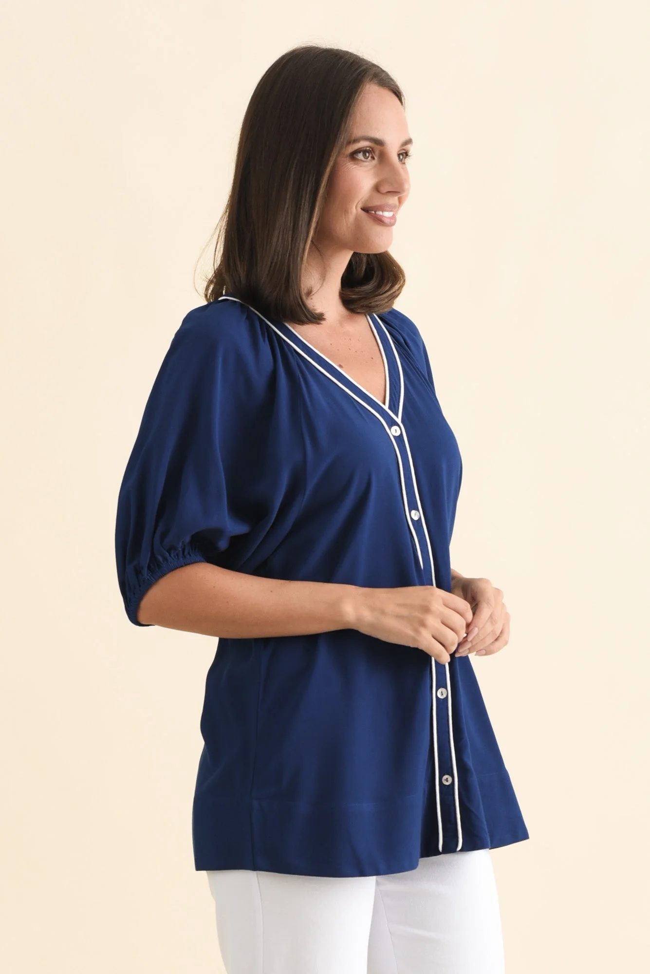 Rio Reef Navy Contrast Button Blouse - Image 3