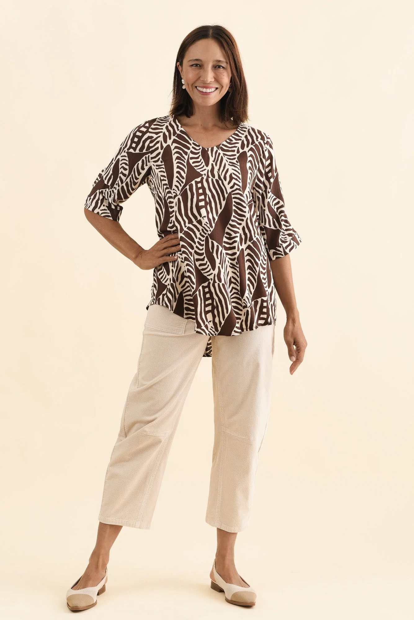 Riveria Brown Leaf V Neck Top - Image 2