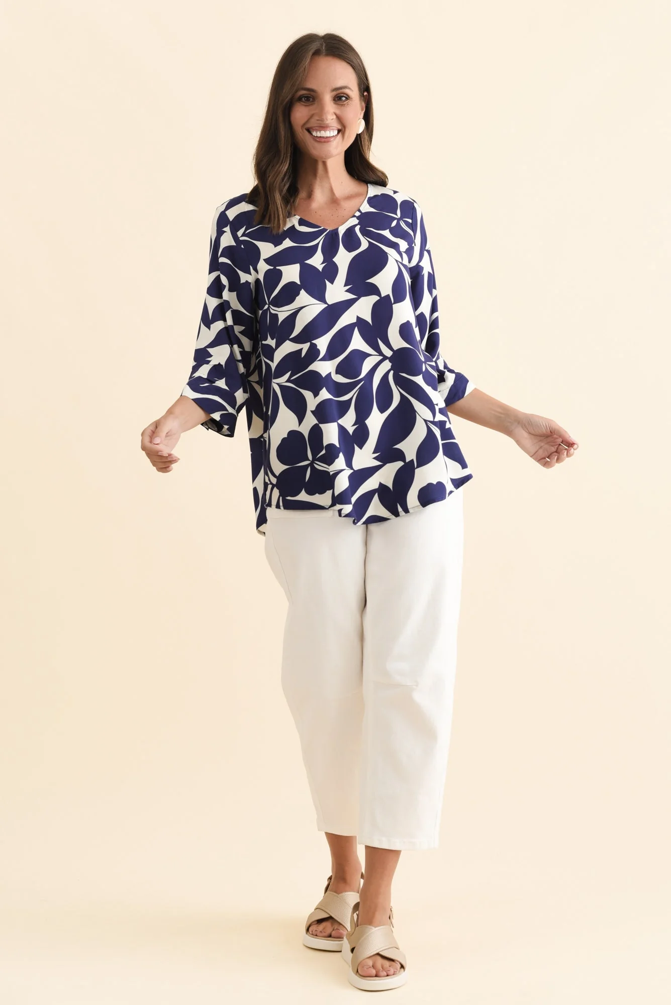 Riveria Navy Leaf V Neck Top - Image 2