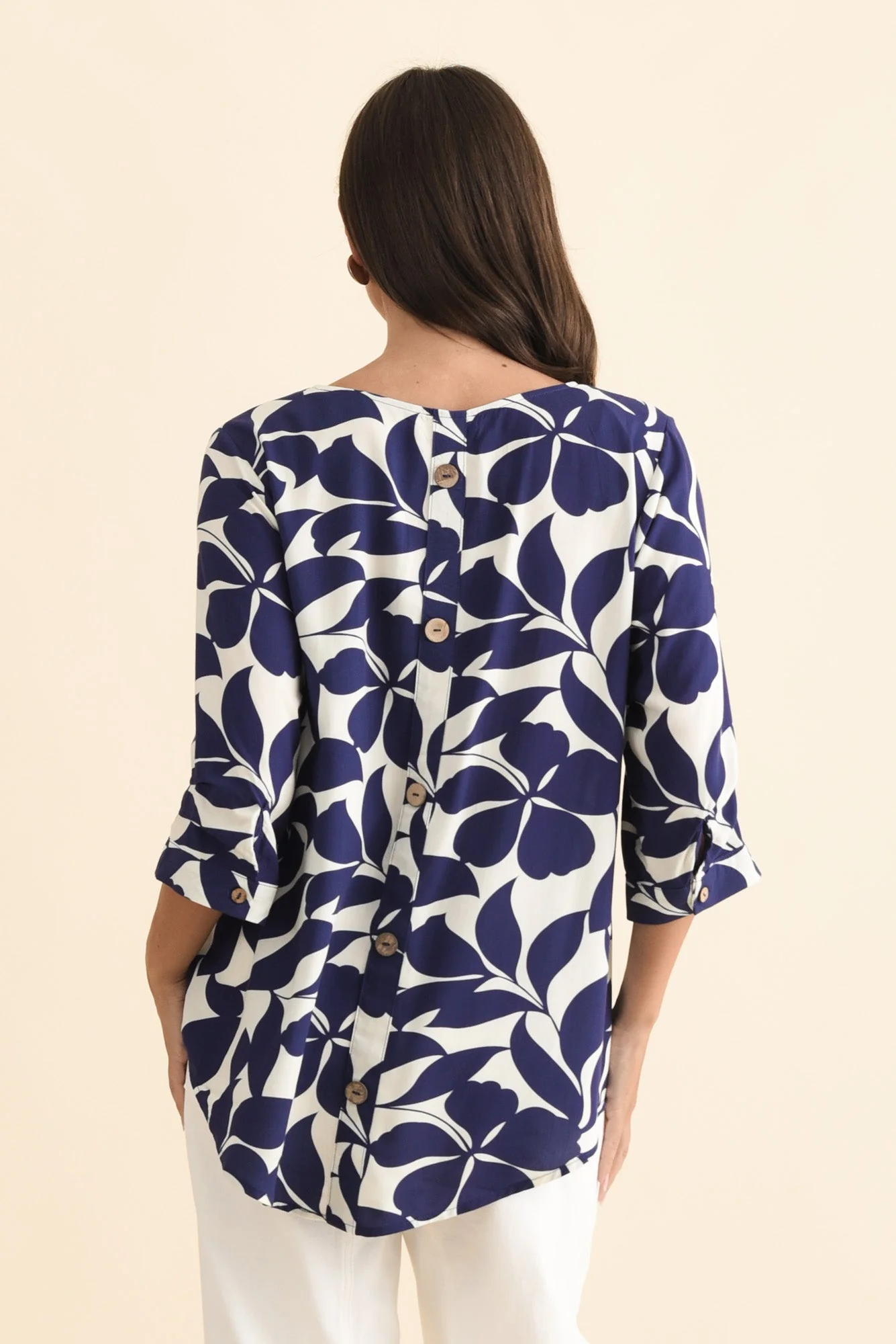 Riveria Navy Leaf V Neck Top - Image 4