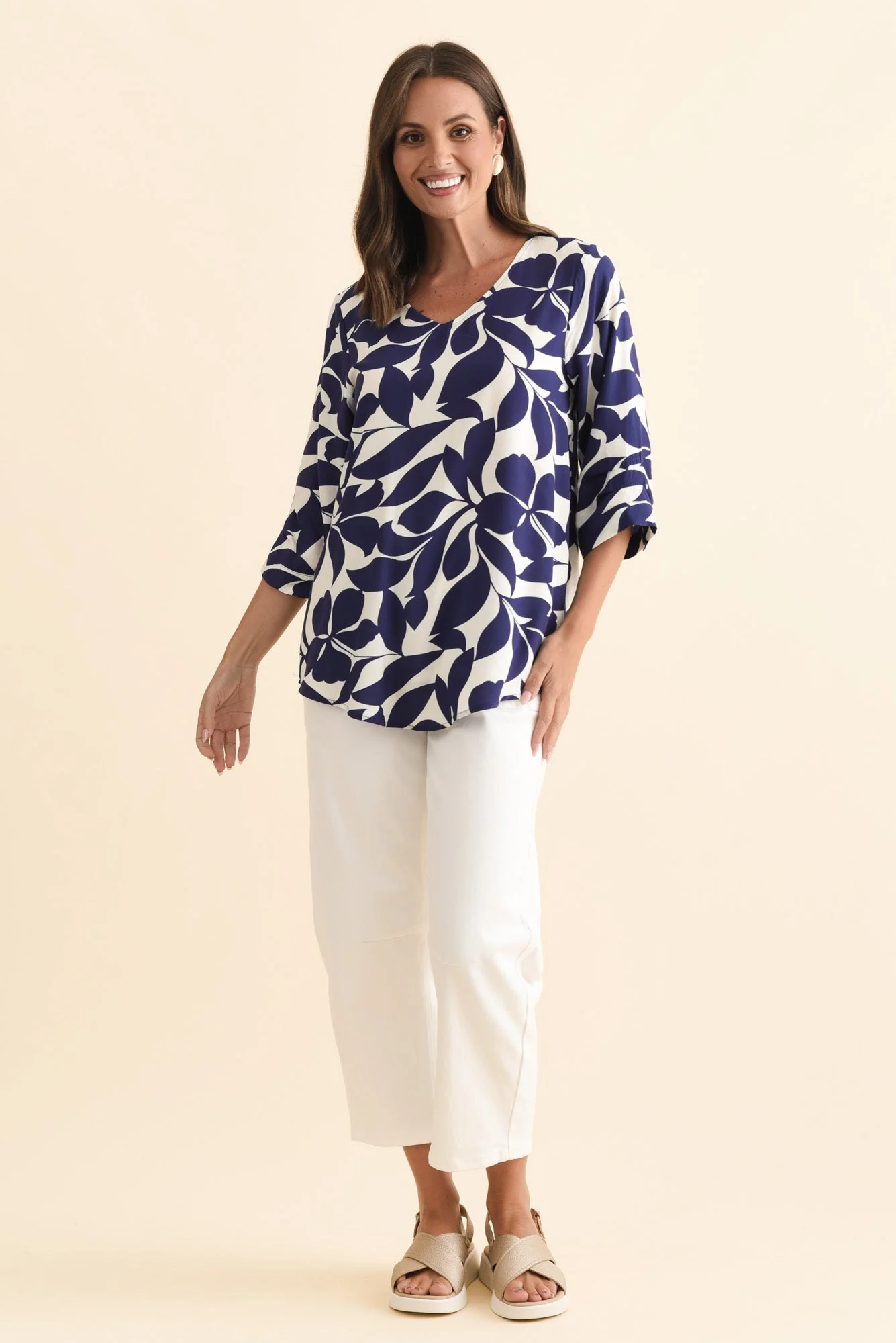Riveria Navy Leaf V Neck Top - Image 6