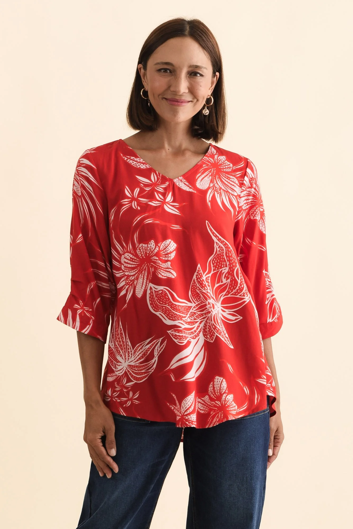 Riveria Red Floral V Neck Top - Image 2