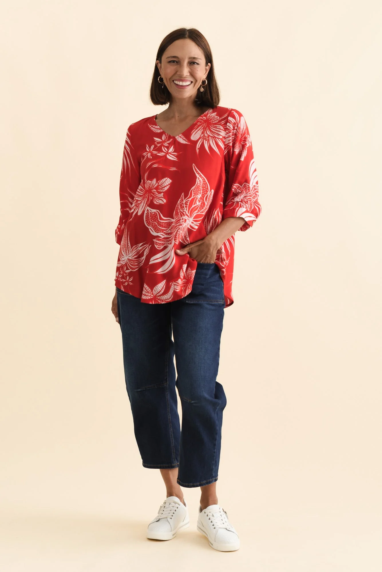 Riveria Red Floral V Neck Top - Image 3