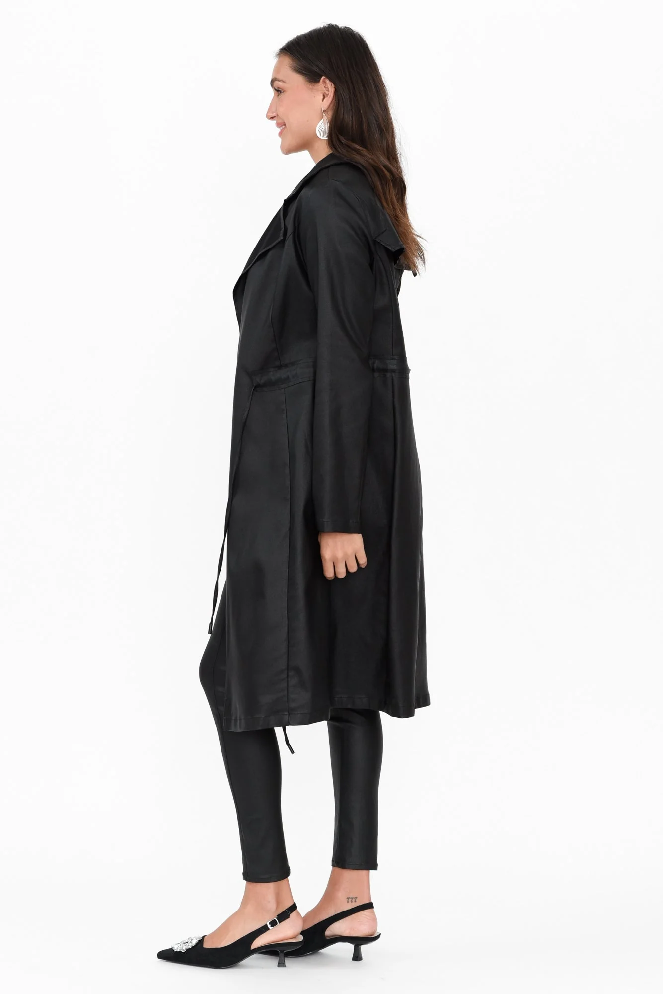 Rois Black Faux Leather Trench Coat - Image 4