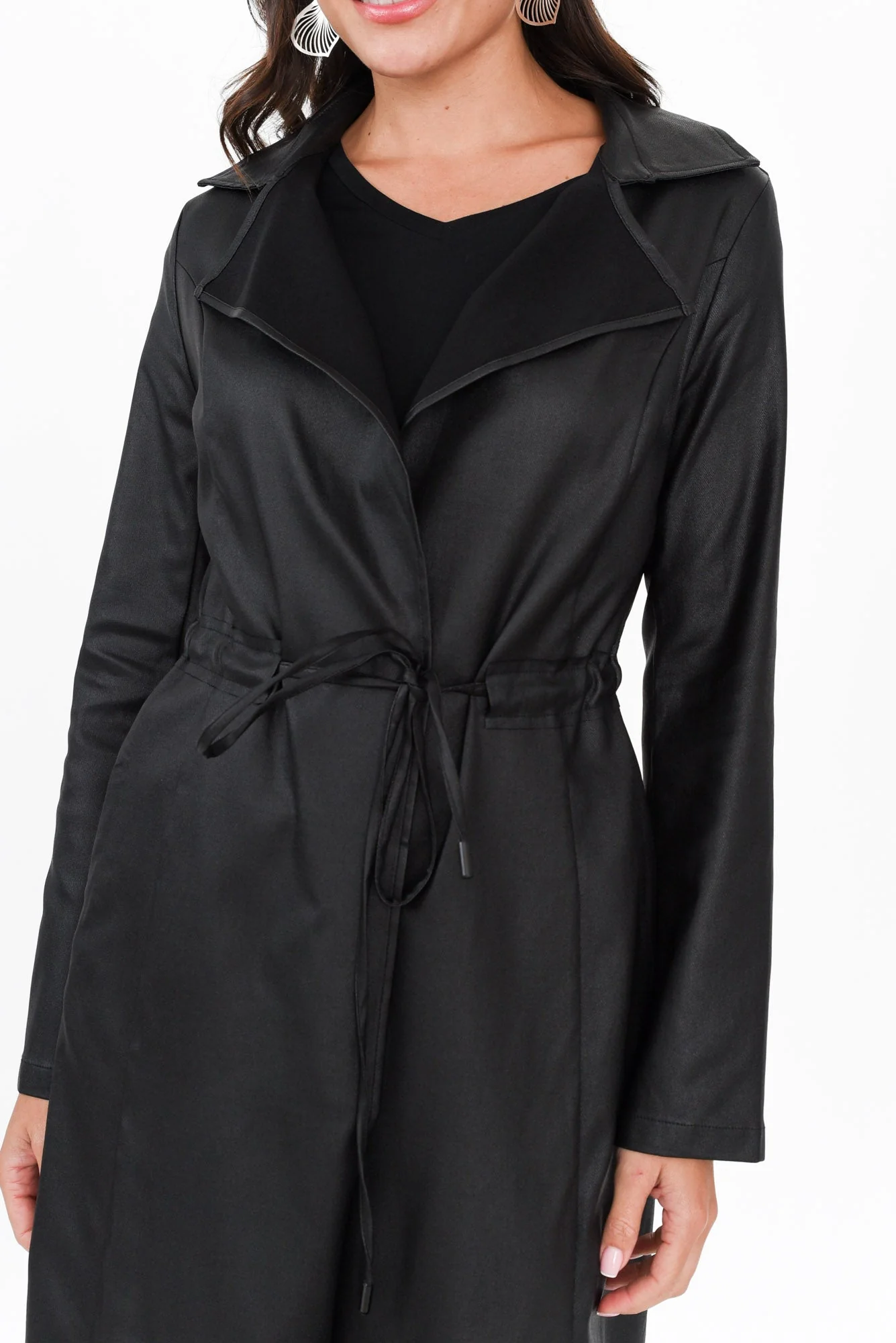 Rois Black Faux Leather Trench Coat - Image 6